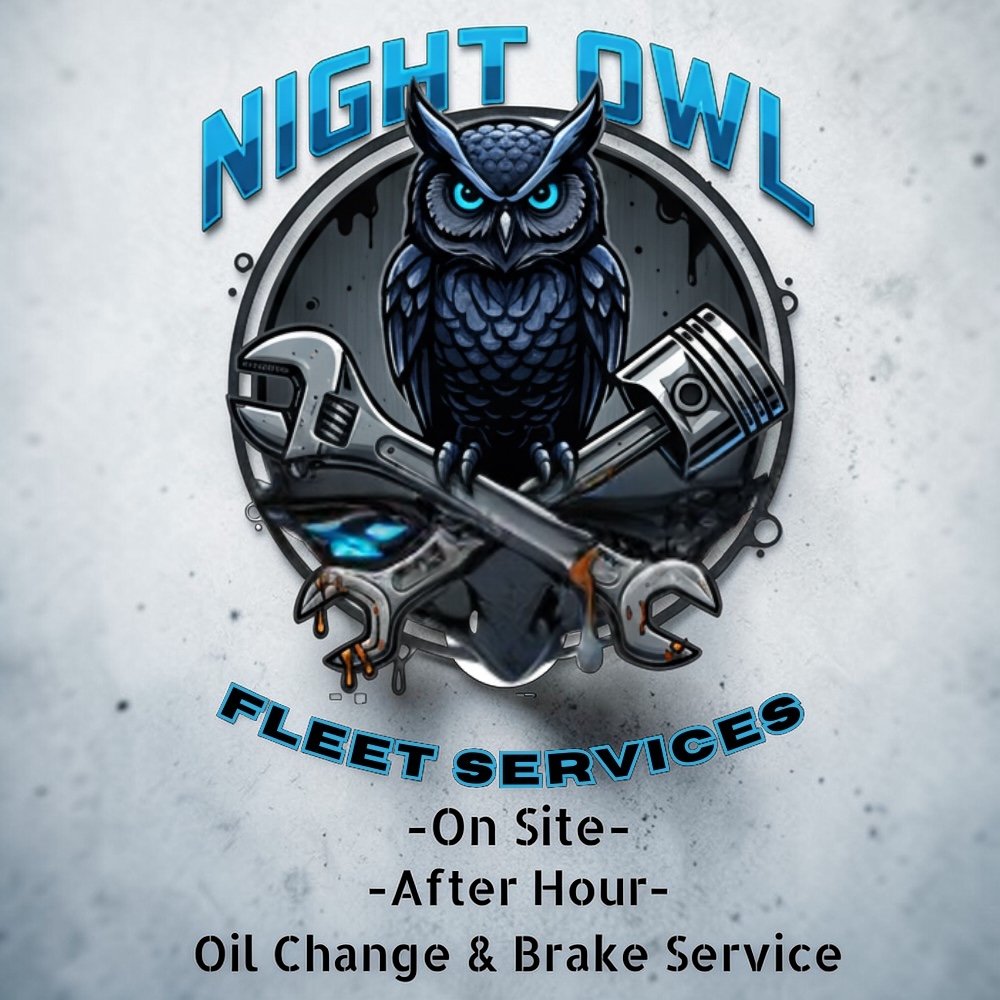 Logo for Night Owl Fleet Services featuring an owl with blue eyes and a mechanic's wrench and piston, with text indicating services available on site and after hours for oil change and brake service.
