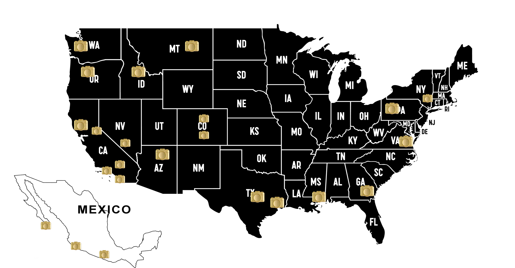 Map illustrating global locations where cameras are used, with yellow camera icons scattered across a black background indicating different geographic points.