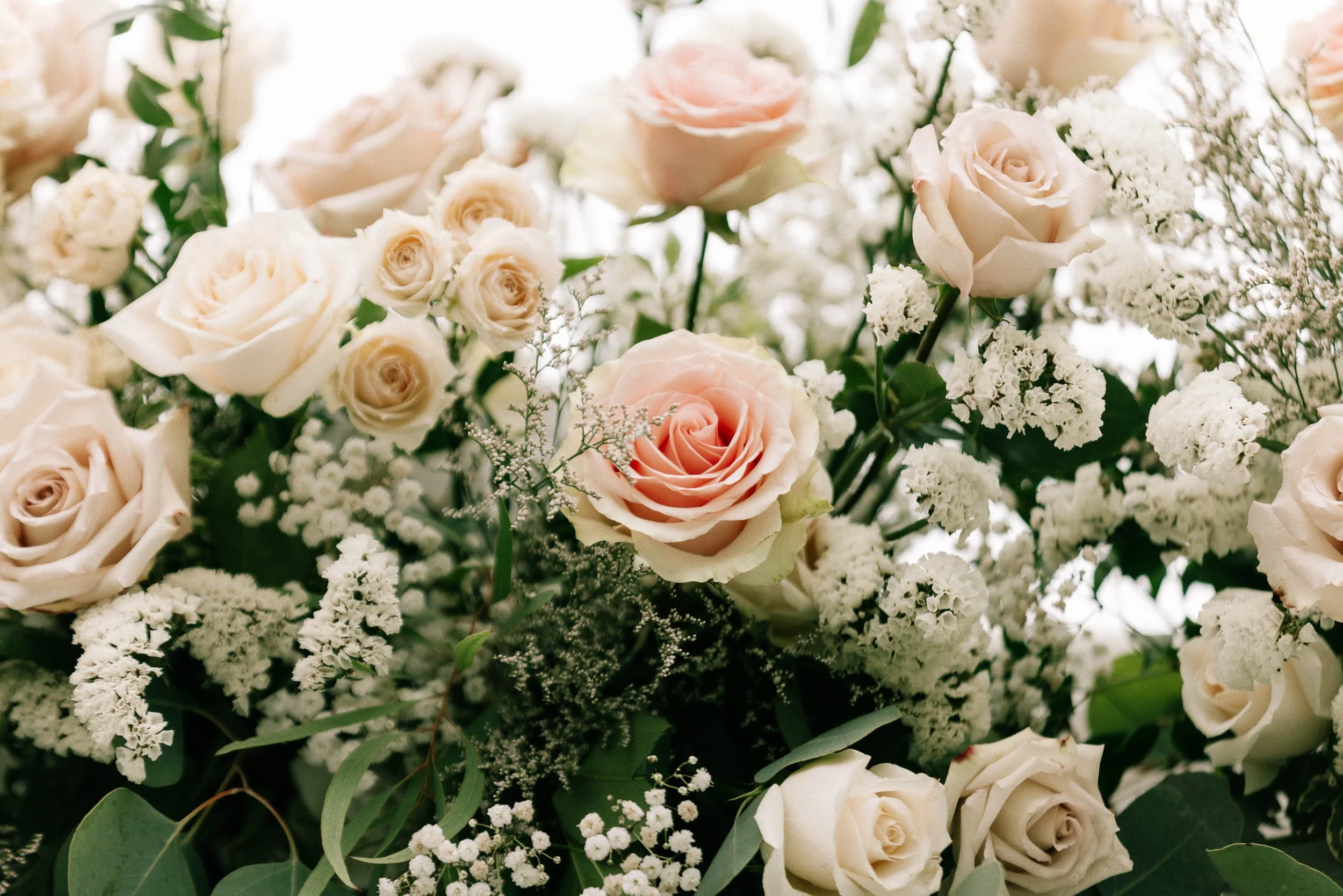 Bouquet of cream, peach, and white roses with white baby's breath and green leaves.