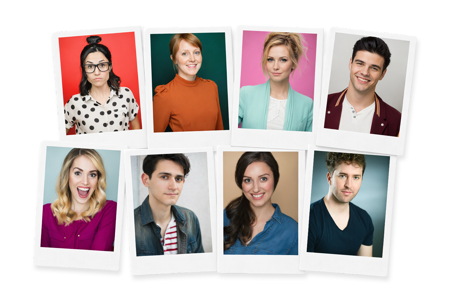 Collection of eight portrait photographs of diverse young adults, arranged in a layered, polaroid-style collage with colorful backgrounds.