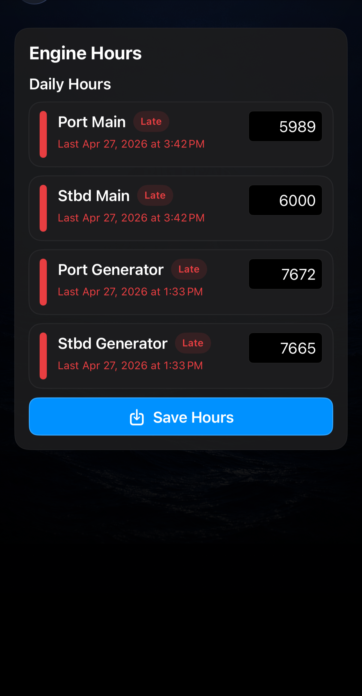Hours for Engines 