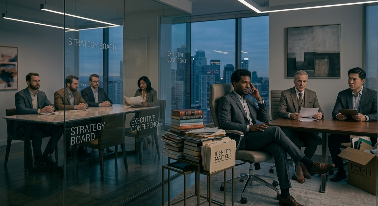 A business meeting several people are seated at two conference tables.  One black male pensive and not connected to the others. Labels such as 'Strategy Board,' 'Executive Conference,' and 'Identity Matters' are visible. Exclusion. Othered. Culture