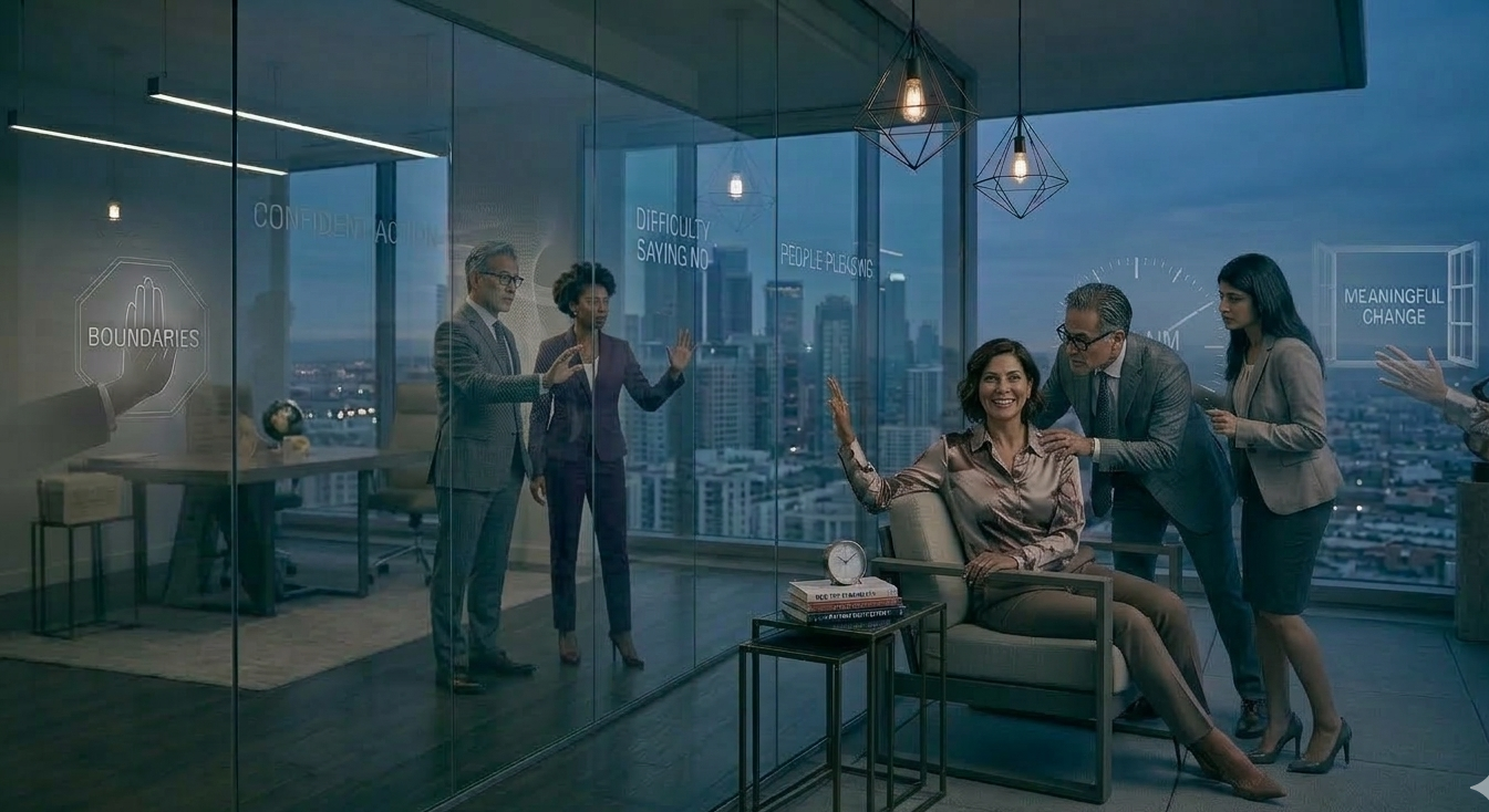 Boundaries & relationship - Business meeting in a office, featuring diverse professionals, with phrases like 'Boundaries,' 'Difficulty saying no,' and 'Meaningful change' displayed in the background.  False smiles. People pleasing. Reclaim energy.