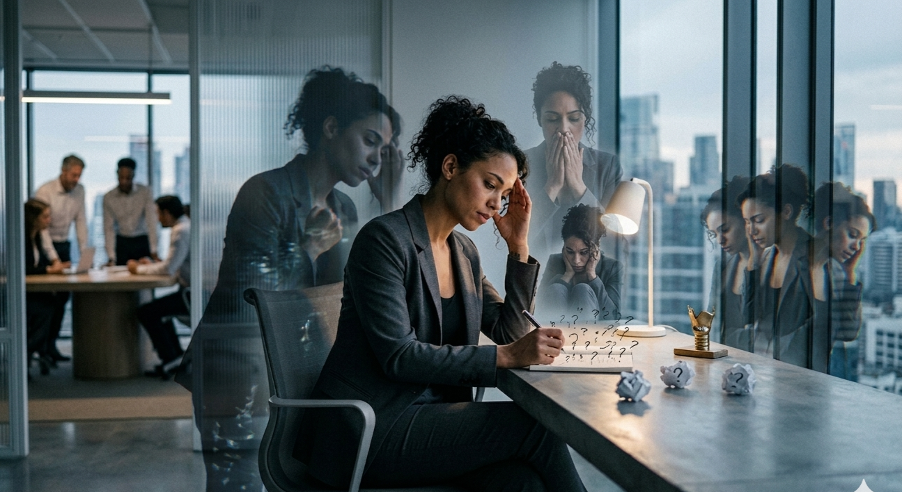 Trepidation with Growth representations - imposter syndrome, undervalued, doubting abilities,  career or development. A woman appears stressed, surrounded by images of herself in various emotional states, in a modern office with city skyline views.