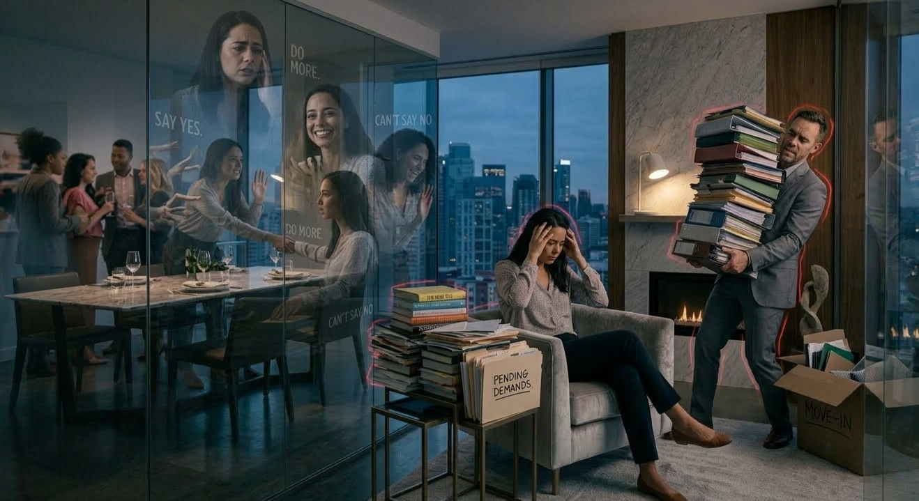 Overwhelm & Burnout A woman her hands on her head, looking stressed, in a busy office, man giving more work, stacks of folders labelled 'Pending Demands' and 'Move-In'. A meeting of many with various expressions and gestures