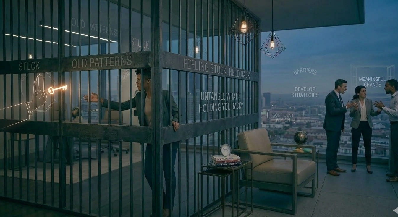 Limiting Beliefs. Woman in a jail like office stuck reaching through bars to keys to unlock old patterns.   Colleagues arguing in conflict nearby but helping. Words like 'barriers,' 'meaningful change,' and 'develop strategies' floating in the scene.