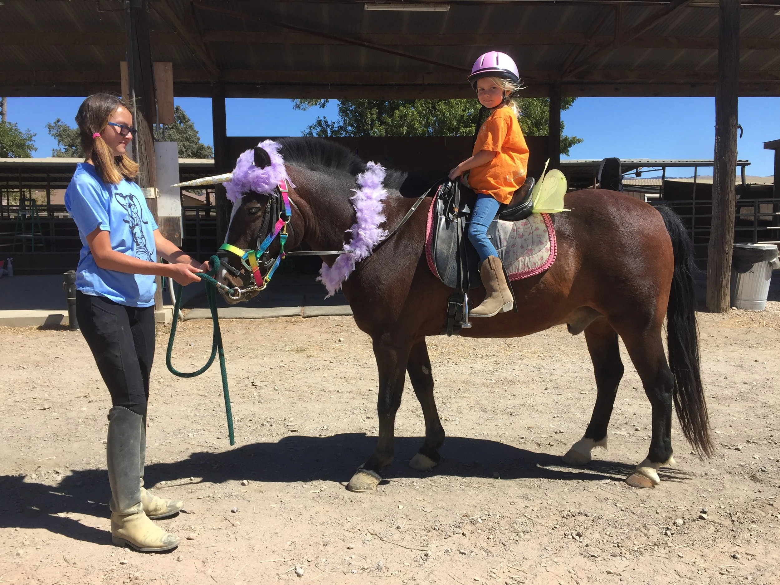 A young girl sitting on a horse decorated with a purple unicorn-themed headpiece, wearing a pink helmet, while another girl, wearing glasses and a blue shirt, holds the horse's bridle in an outdoor stable area.