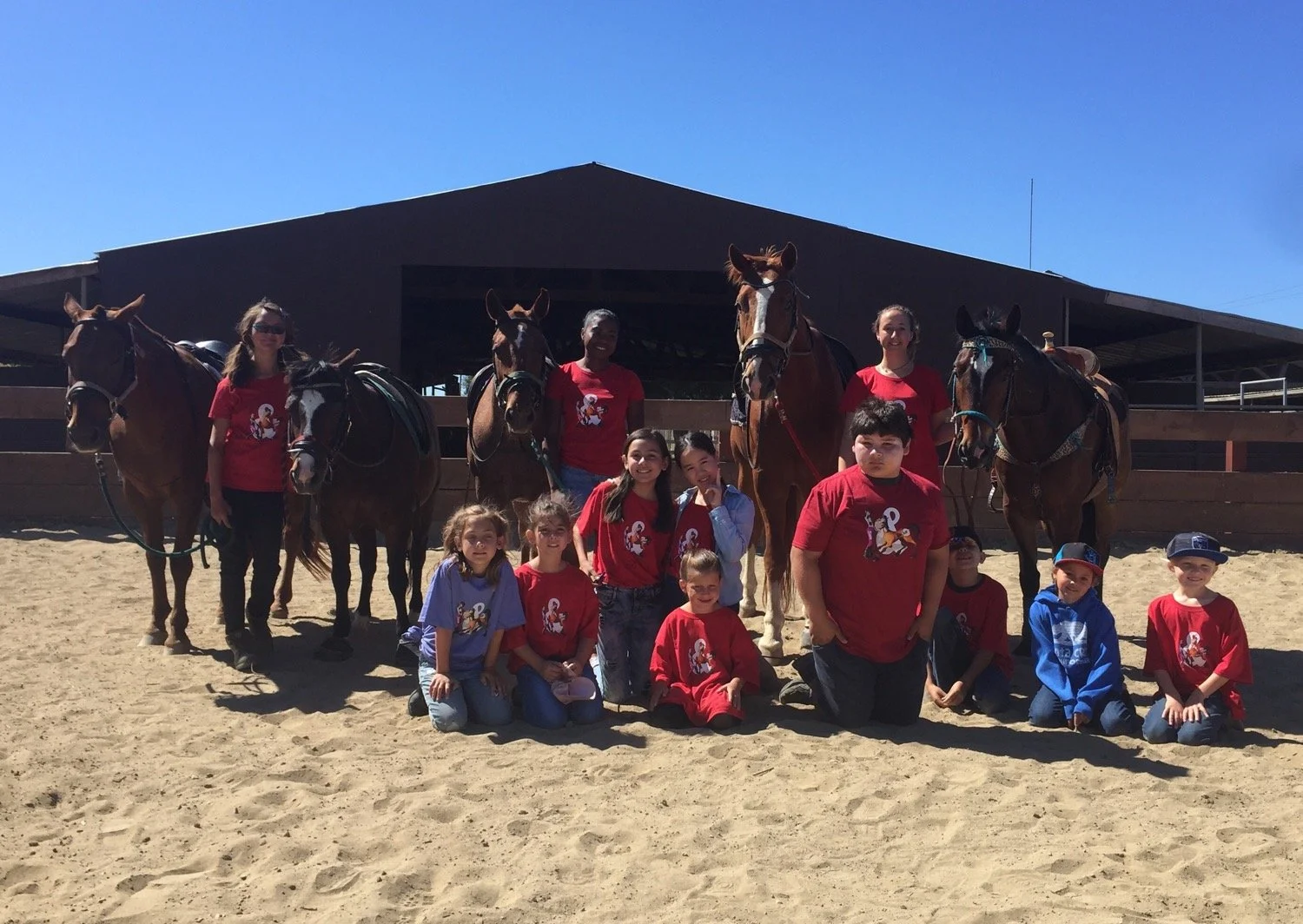 Group of children and adults with horses at a farm under clear blue sky.