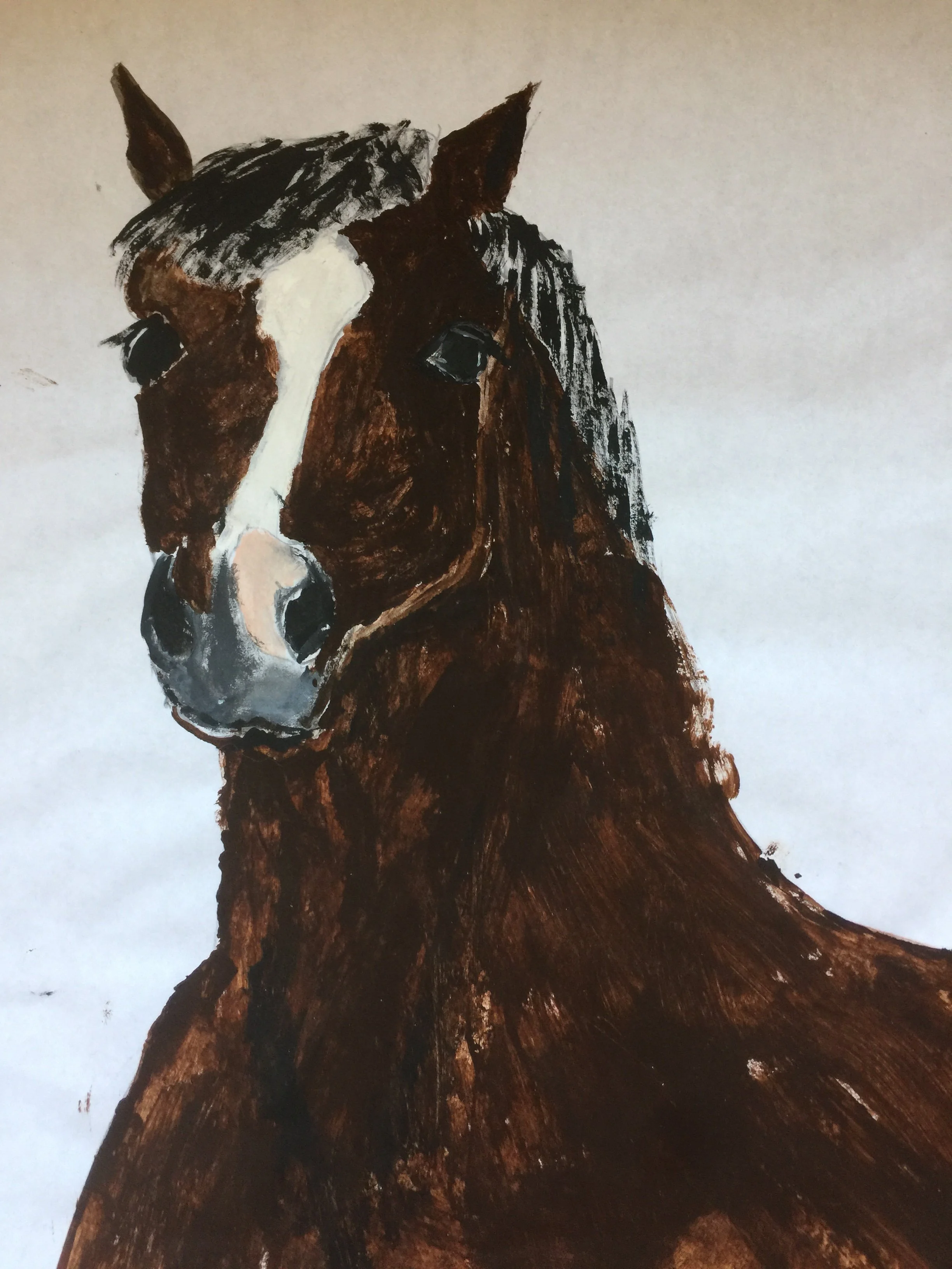 Painting of a brown and white horse with a dark mane, facing forward.
