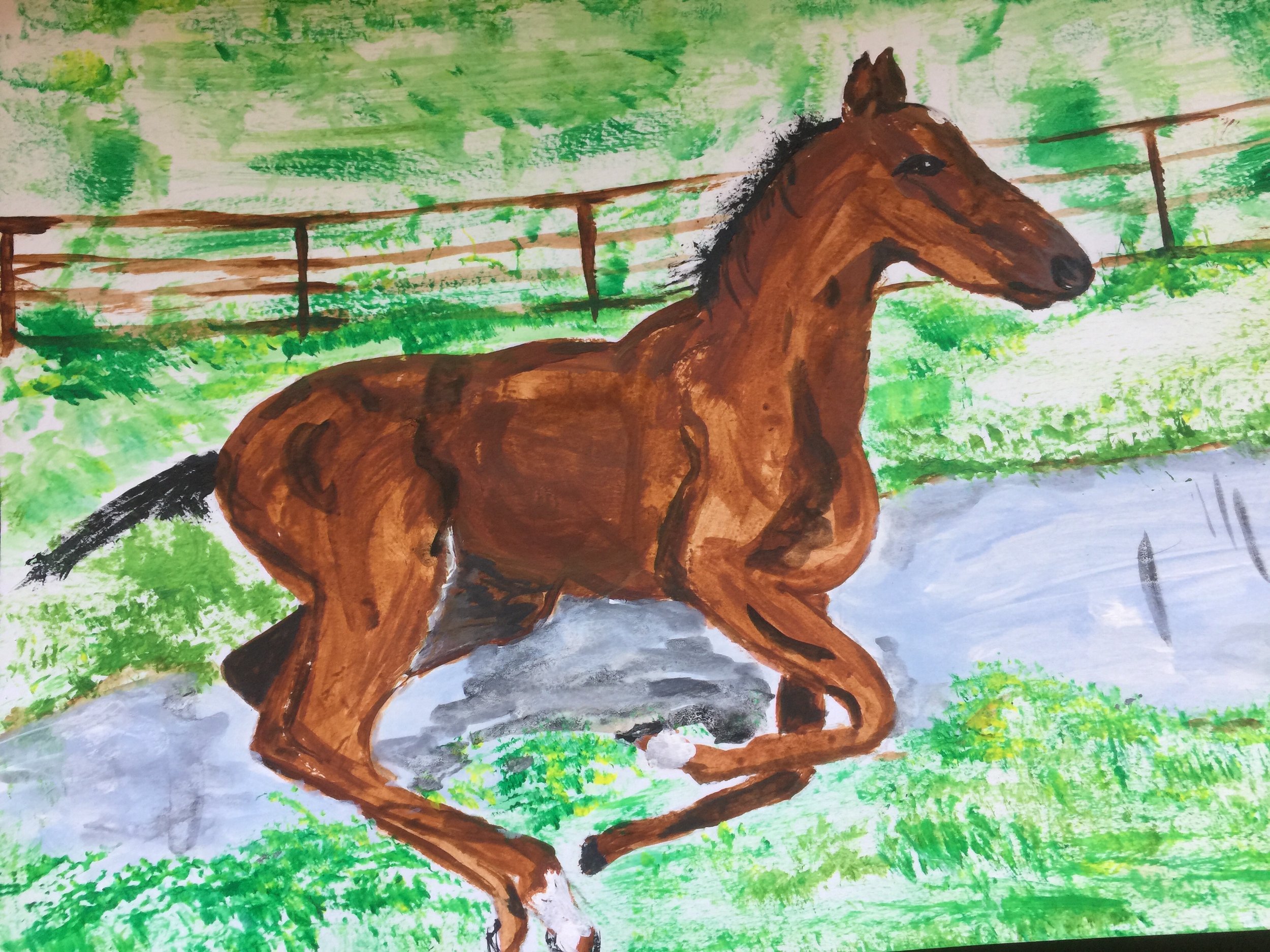 Painting of a brown horse running on a grassy field near a small river, with green trees and a wooden fence in the background.