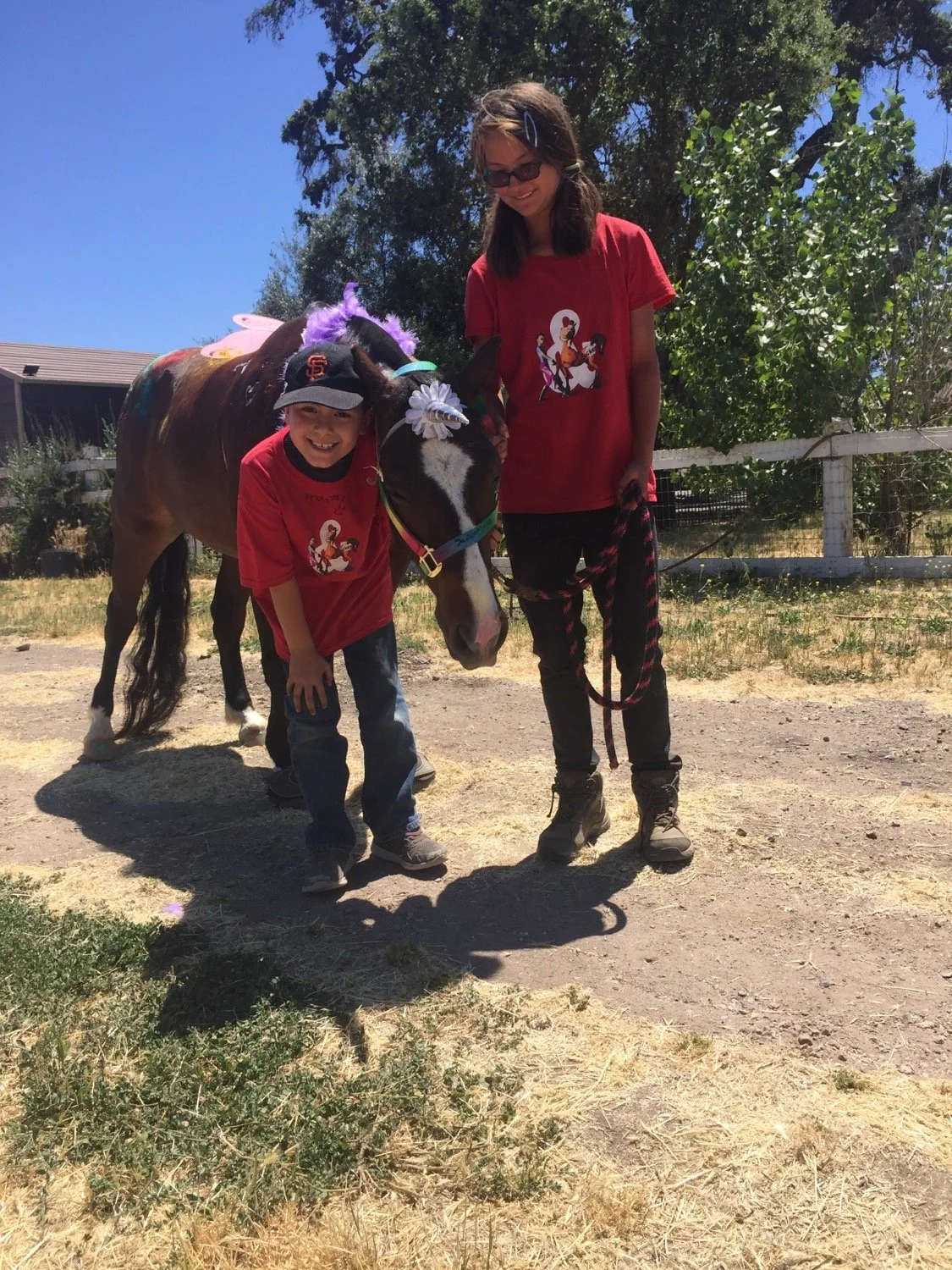 Two children, a girl and a boy, with a decorated horse outdoors on a sunny day. The girl is wearing sunglasses and a red shirt with a horse graphic, the boy is wearing a baseball cap and a red shirt with a horse graphic. The horse is adorned with pur