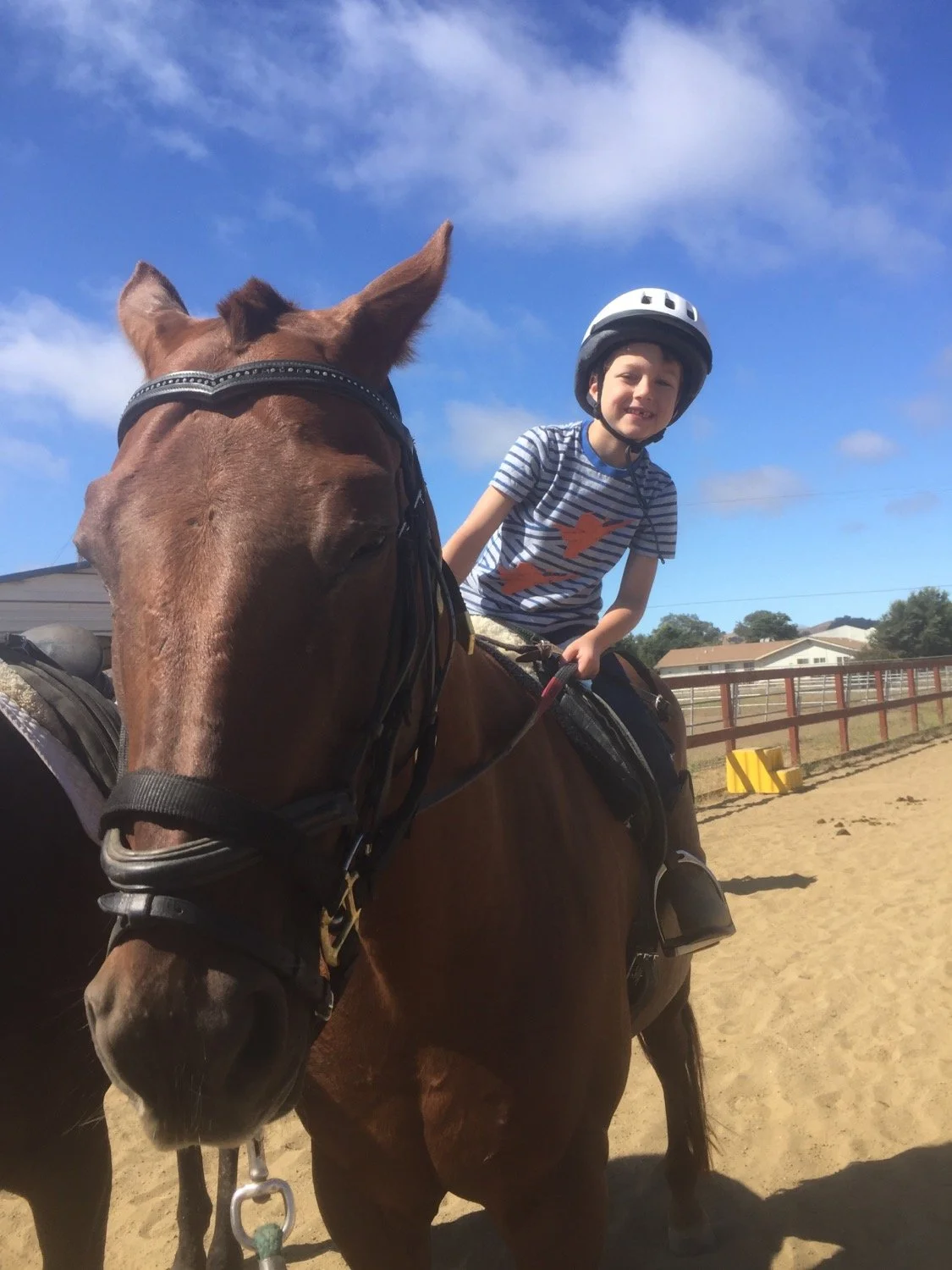 A young boy wearing a helmet is riding a saddle on a brown horse in an outdoor riding arena. The boy is smiling and holding the reins, and the sky is clear with some clouds.
