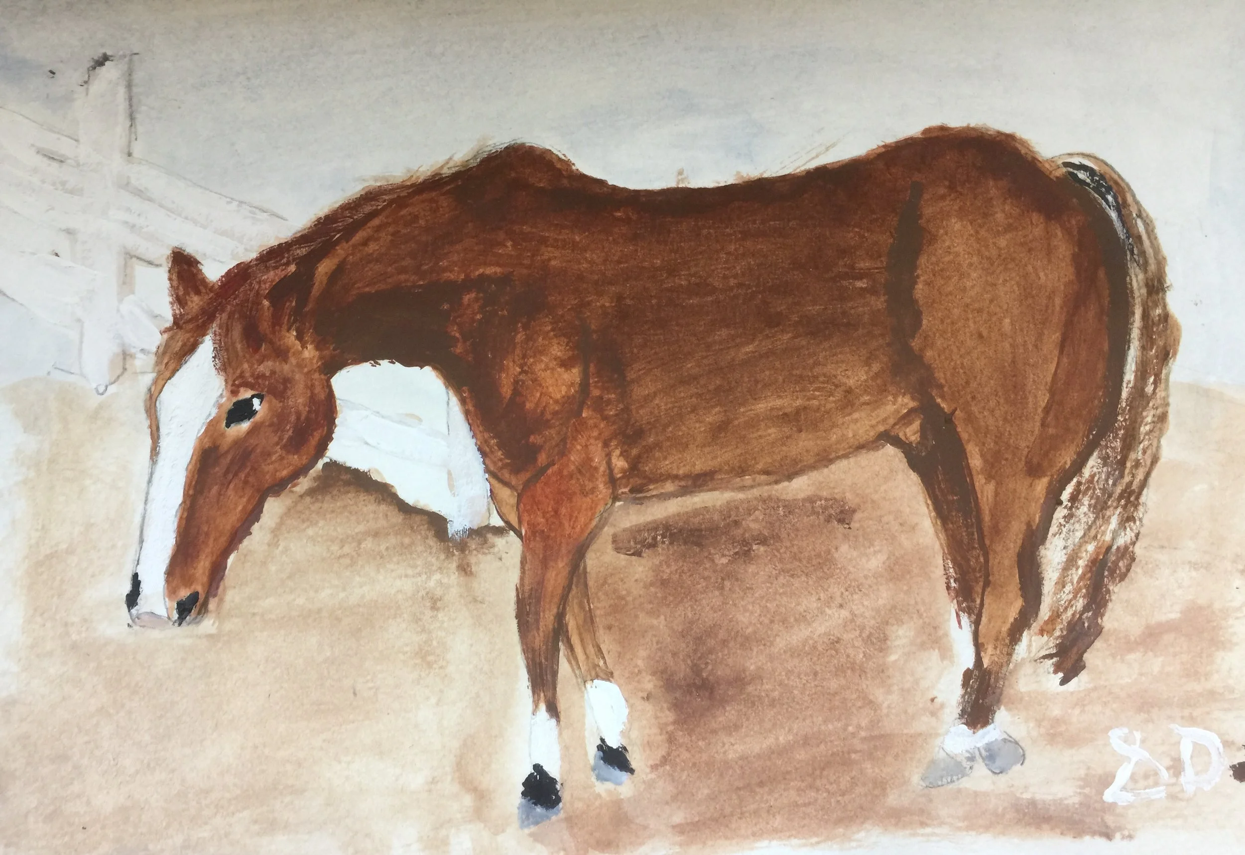 A watercolor painting of a brown horse with a white blaze on its face standing inside a stable.