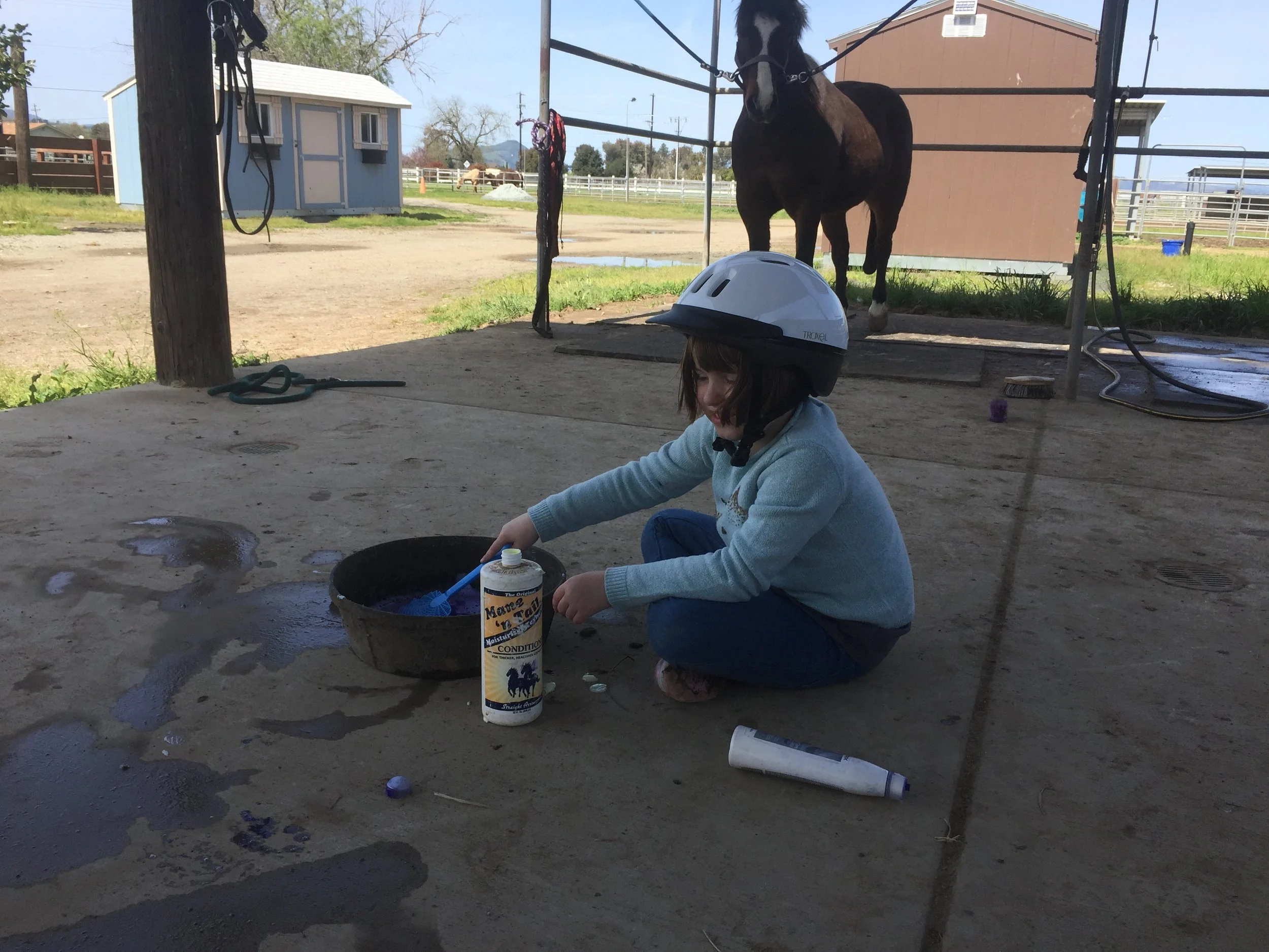 Child wearing a helmet, playing with a bottle and a blue toy shovel near a water bucket on the ground, with a horse in the background at a farm or stable.