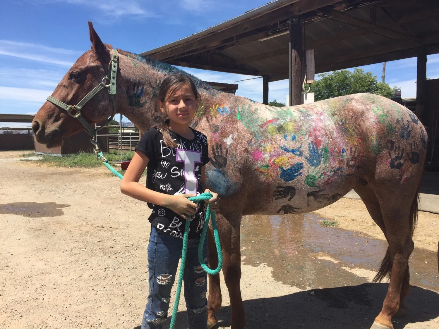 A young girl holding a teal leash next to a brown horse painted with multicolored handprints on its body, standing outdoors near a stable, under a blue sky.