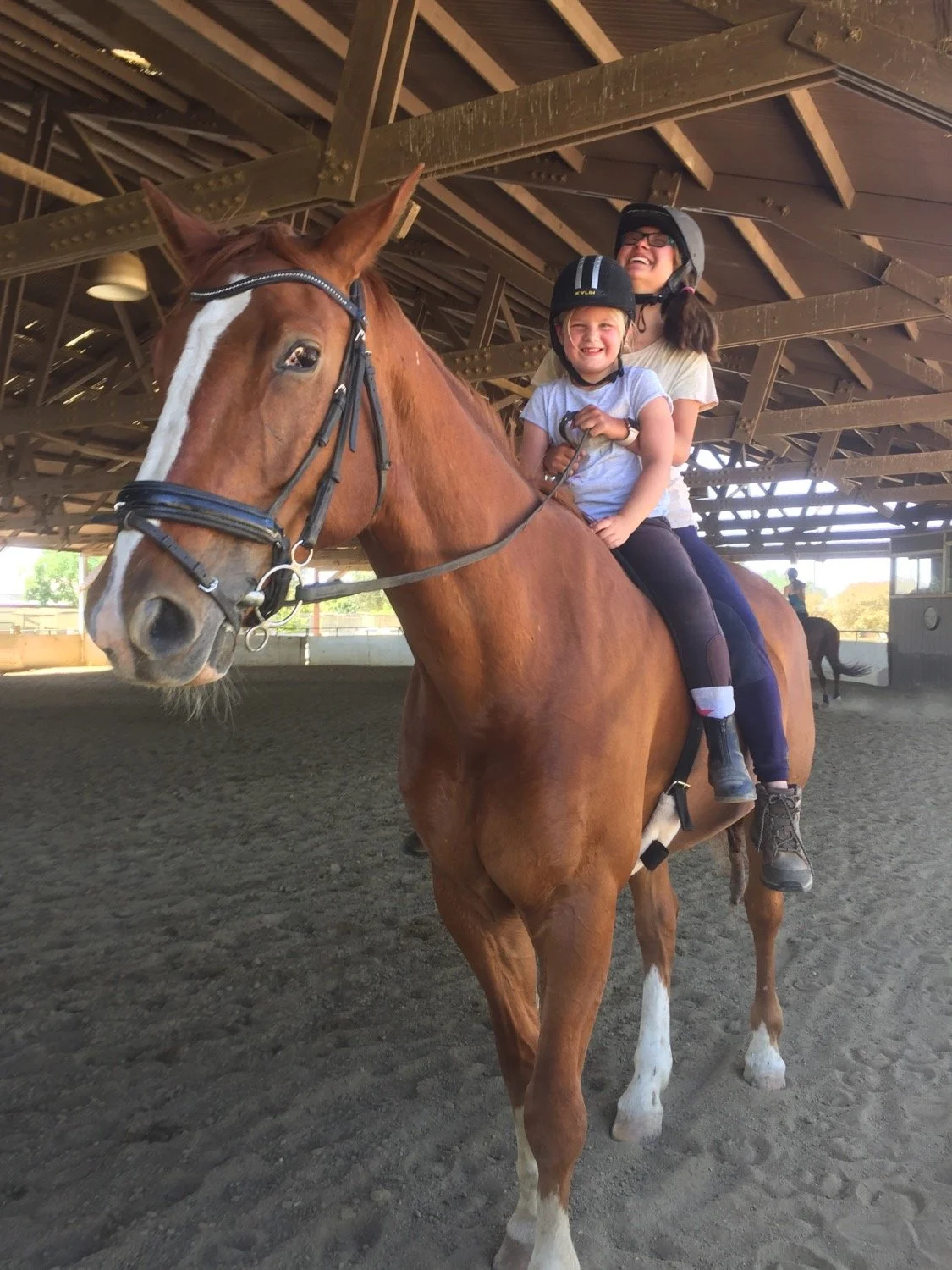 Two children, a girl and a younger girl, riding a brown horse with a white stripe on its face inside an indoor riding arena. Both children are wearing helmets and smiling, with the younger girl holding the reins.