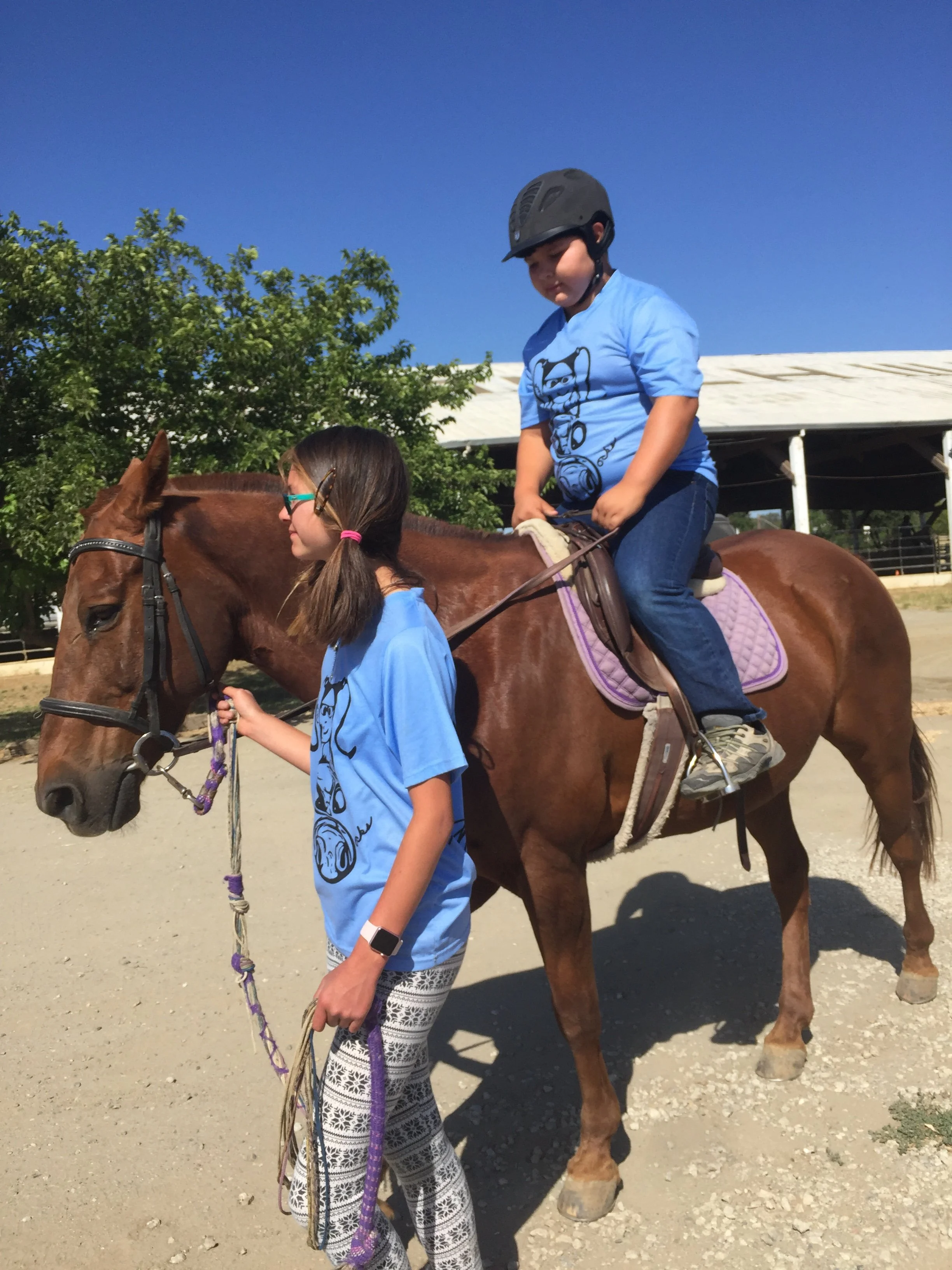 A young boy wearing a helmet sitting on a brown horse, with a girl leading the horse, both wearing matching blue shirts, outdoors on a sunny day.