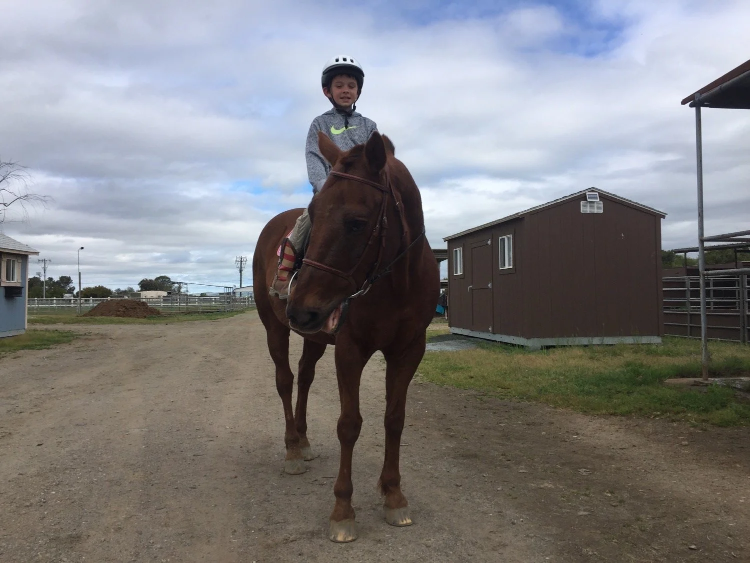 Young boy wearing a helmet riding a brown horse on a dirt path at a farm.