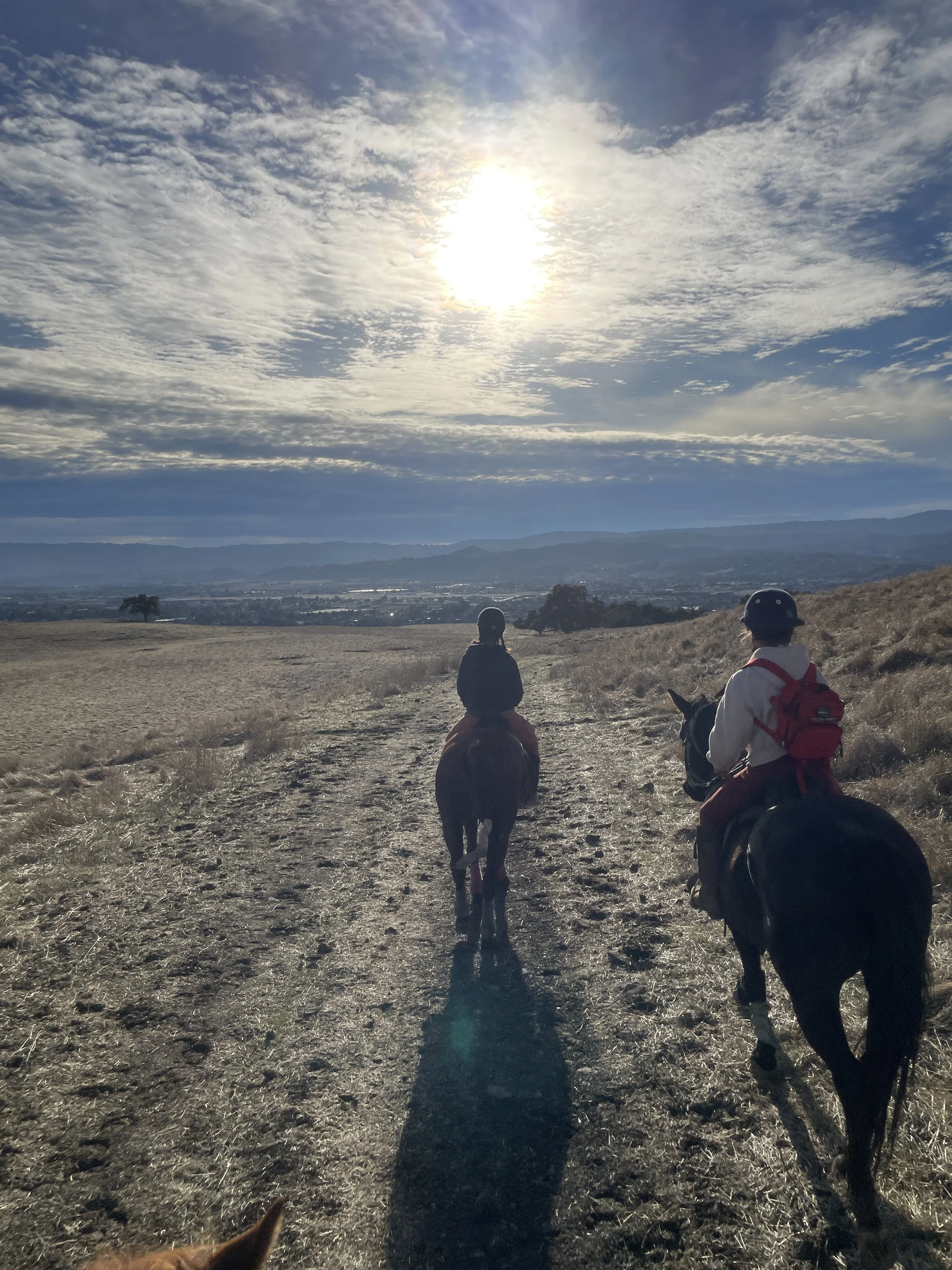 Two people riding horses on a dirt trail in an open field during sunset, with mountains and a cloudy sky in the background.