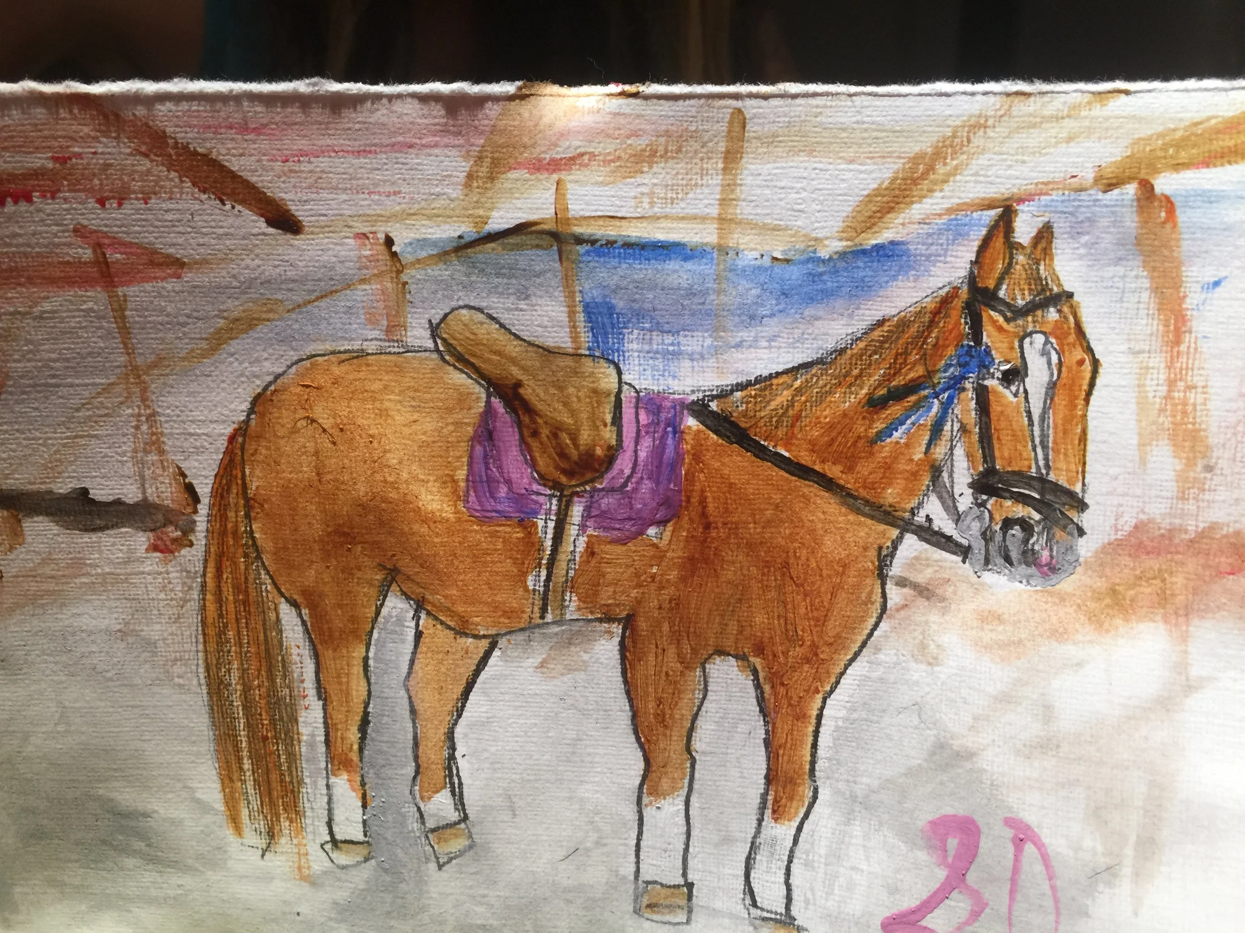 Watercolor painting of a brown horse with a purple saddle blanket, black bridle, and blue mane, standing on a sandy surface with abstract background.