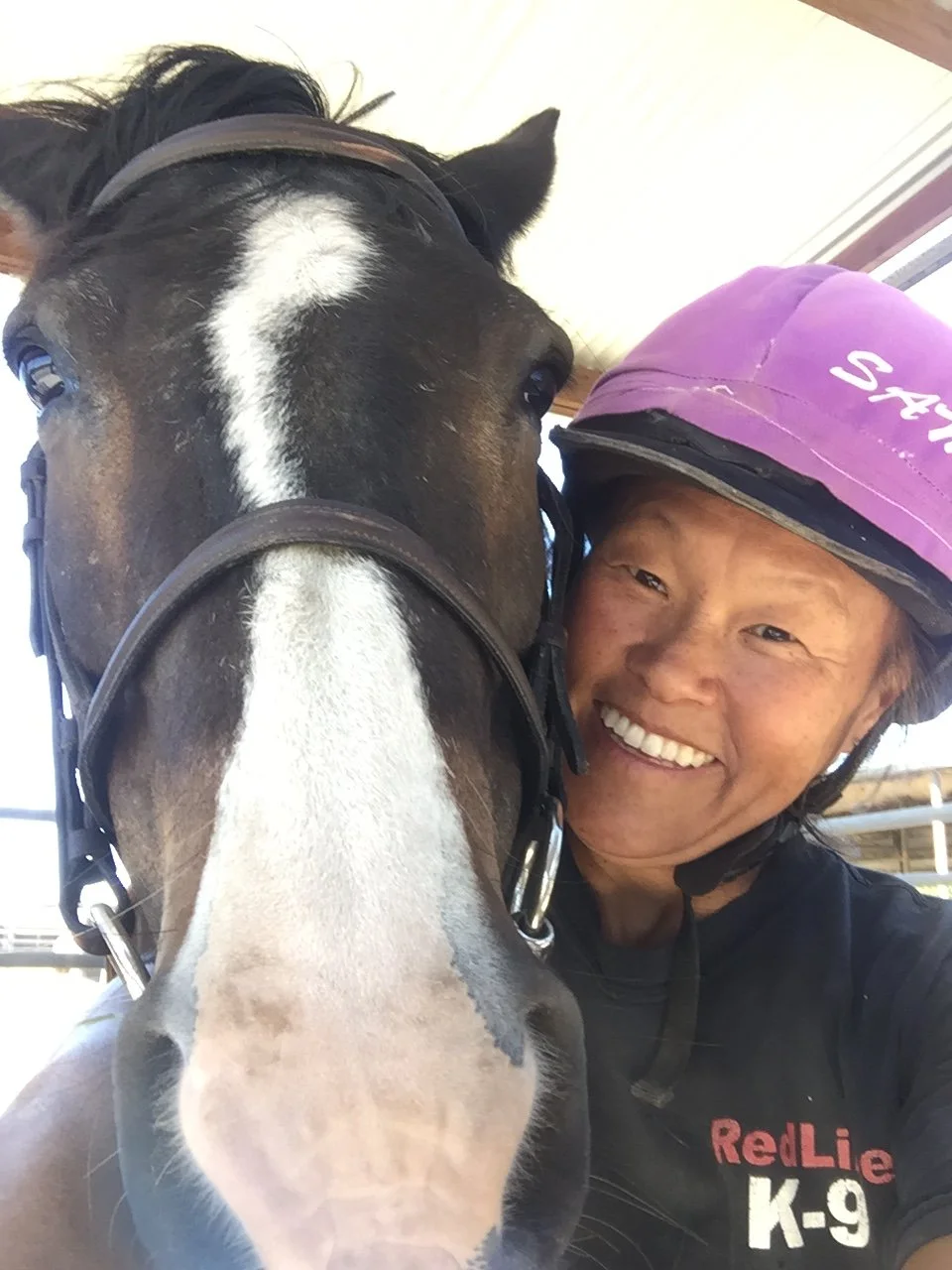 A woman smiling and wearing a purple helmet, taking a close-up selfie with a horse with a black and white face and a black bridle.