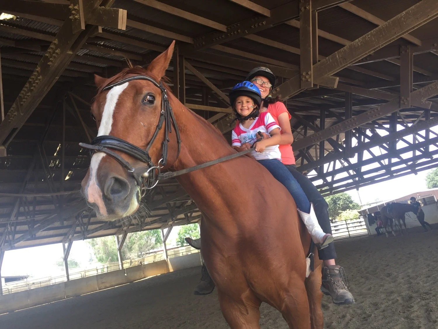 Two kids and an adult on a brown horse, inside a covered horse riding arena.