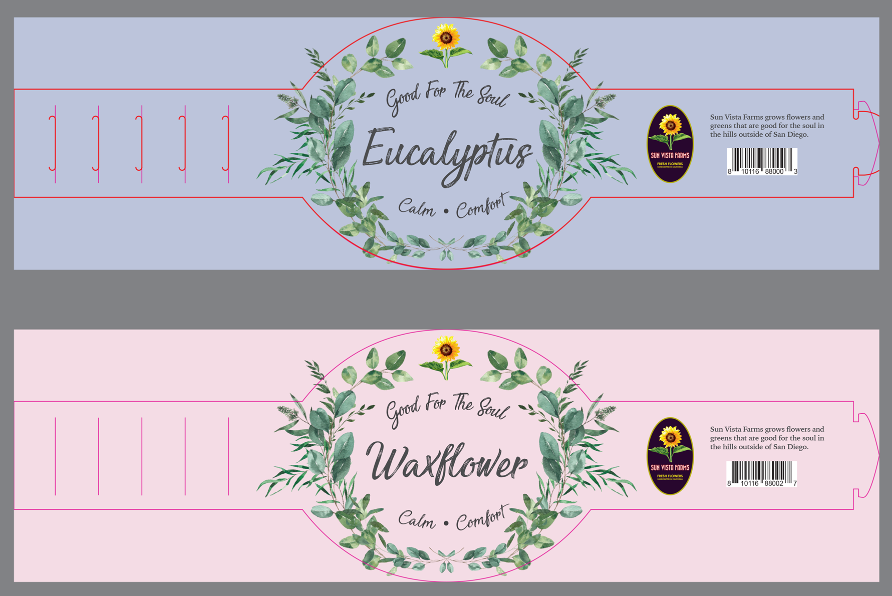 Custom Die Line - Eucalyptus flower wrap for Sun Vista Farms/Gelson’s.