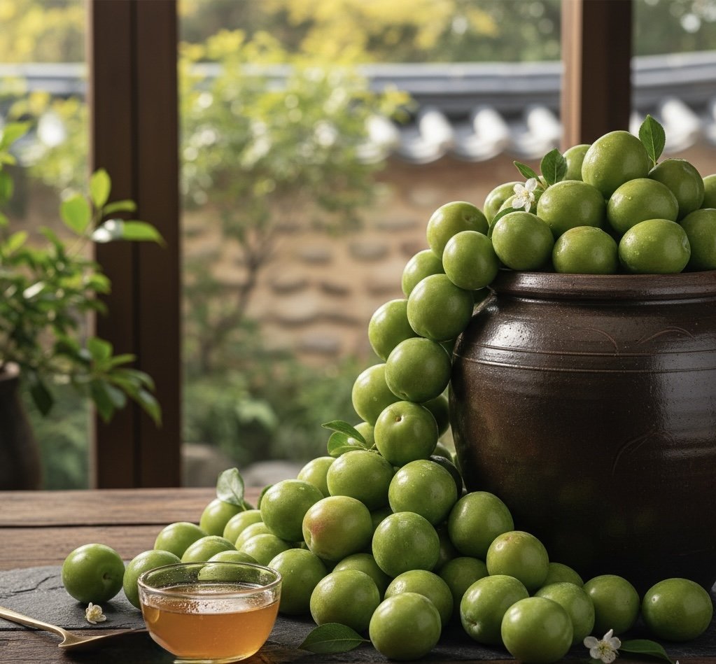 A large brown ceramic pot filled with green plums, some spilling onto a wooden table. A small bowl of plum juice and a spoon are also on the table, with a black cloth under them. The background features a window with a blurred garden scene.
