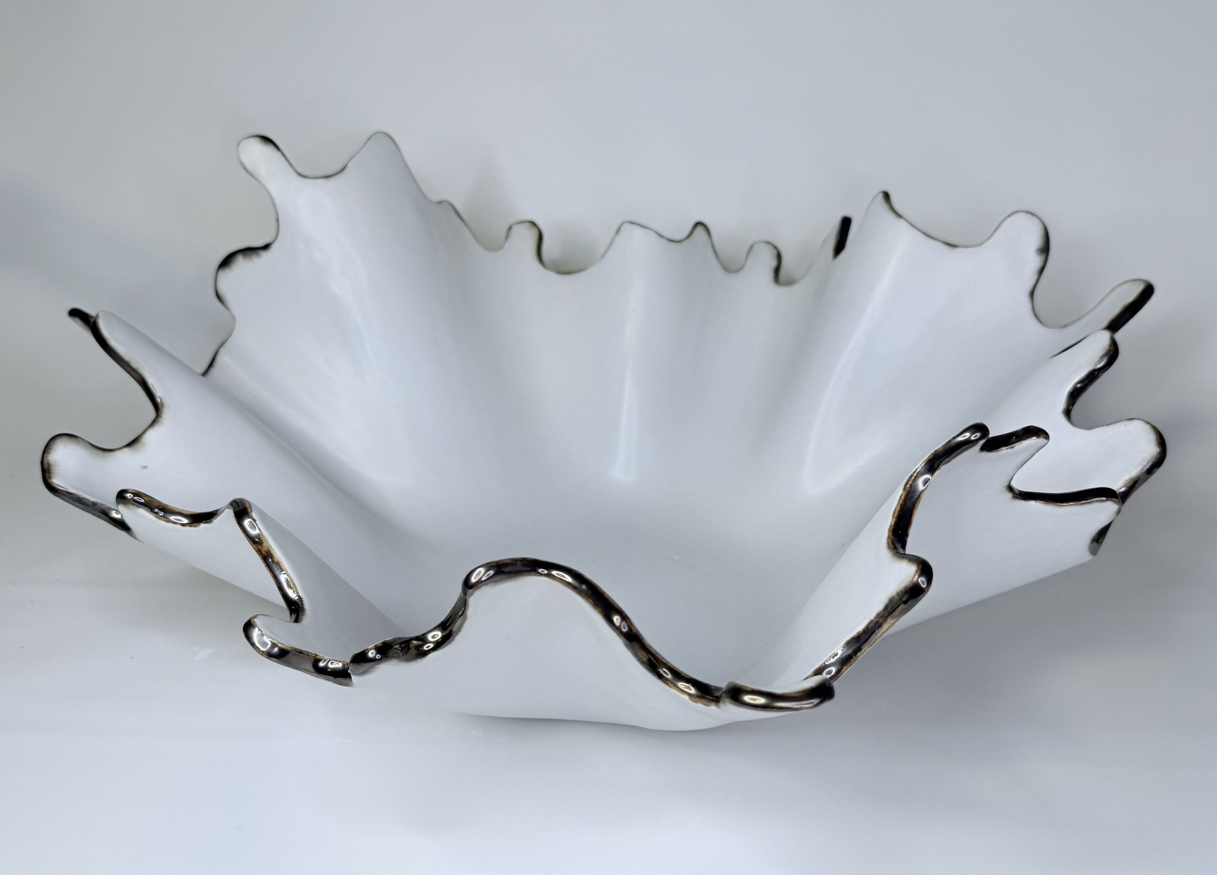 A white bowl with black trim around its irregular, jagged edges, placed on a plain white background.