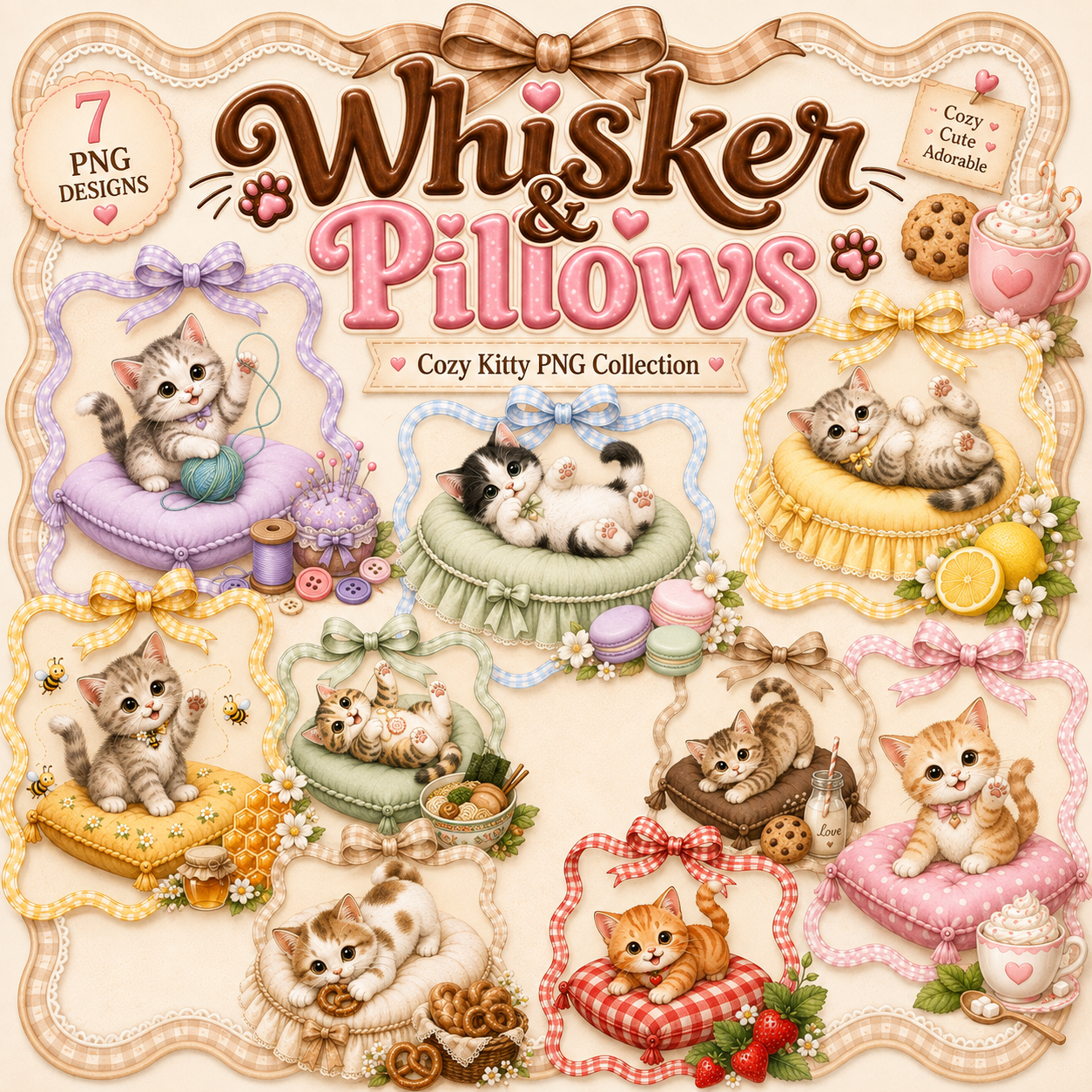 Whiskers & Pillows – Cozy Kitty PNG Collection | 7 Cute Cat Designs