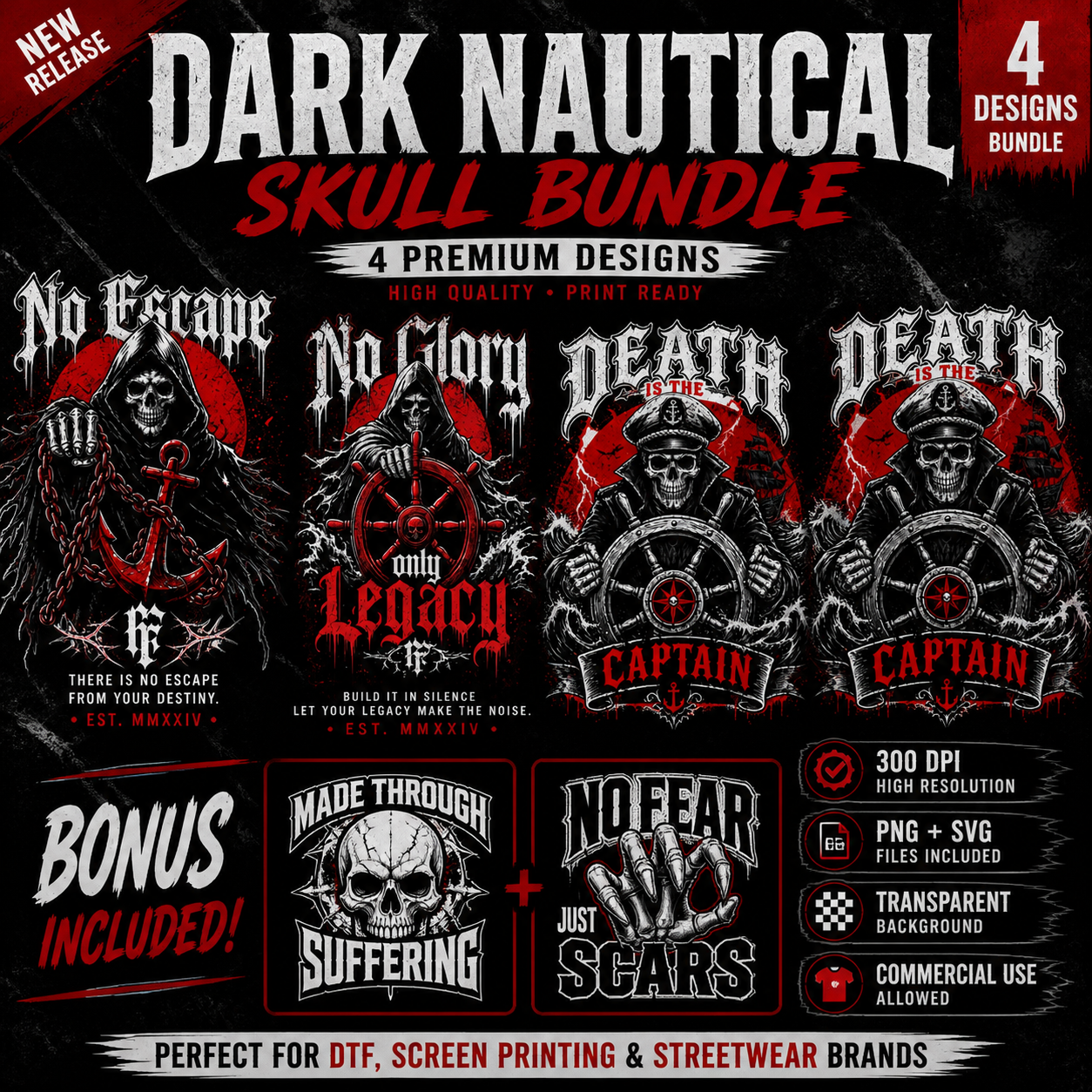 Dark Nautical Skull Bundle PNG | Gothic Skull Designs for DTF & Screen Printing | Streetwear Bundle
