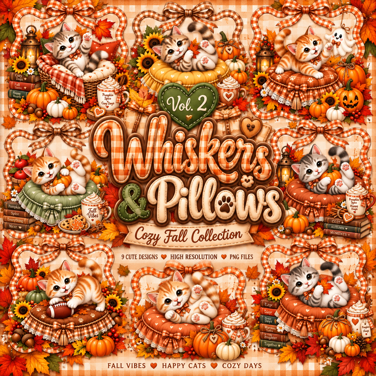 Whiskers & Pillows – Cozy Fall PNG Collection | 9 Autumn Cat Designs