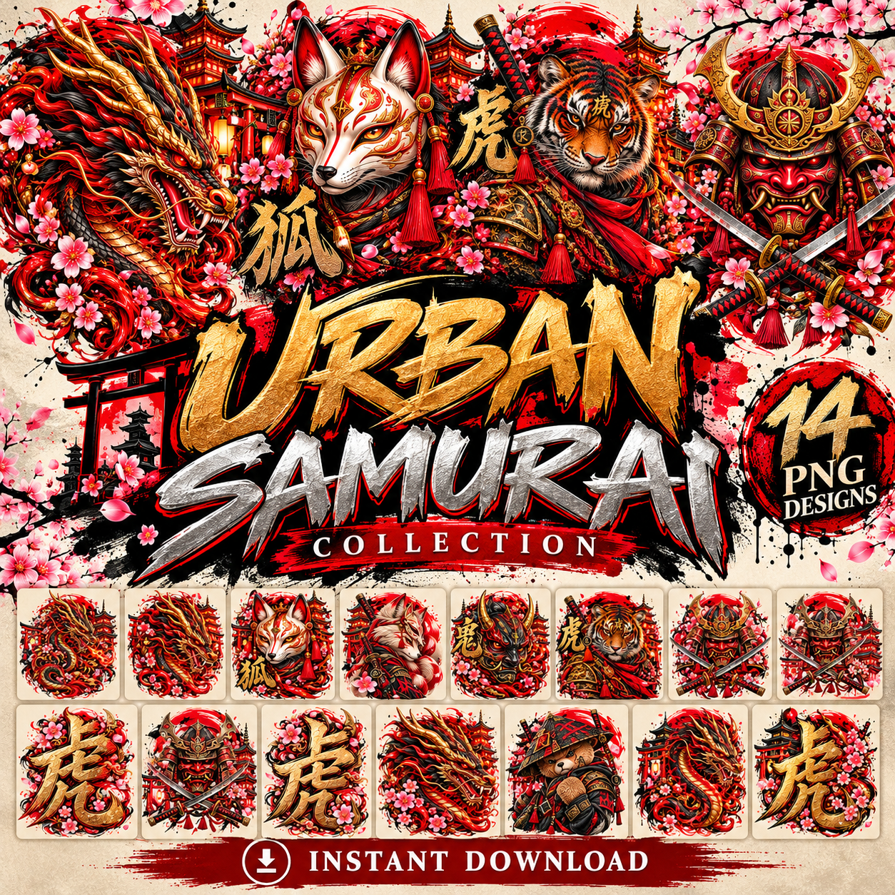 Urban Samurai Collection | 14 Japanese-Inspired PNG Designs – Dragons, Kitsune & Samurai Art
