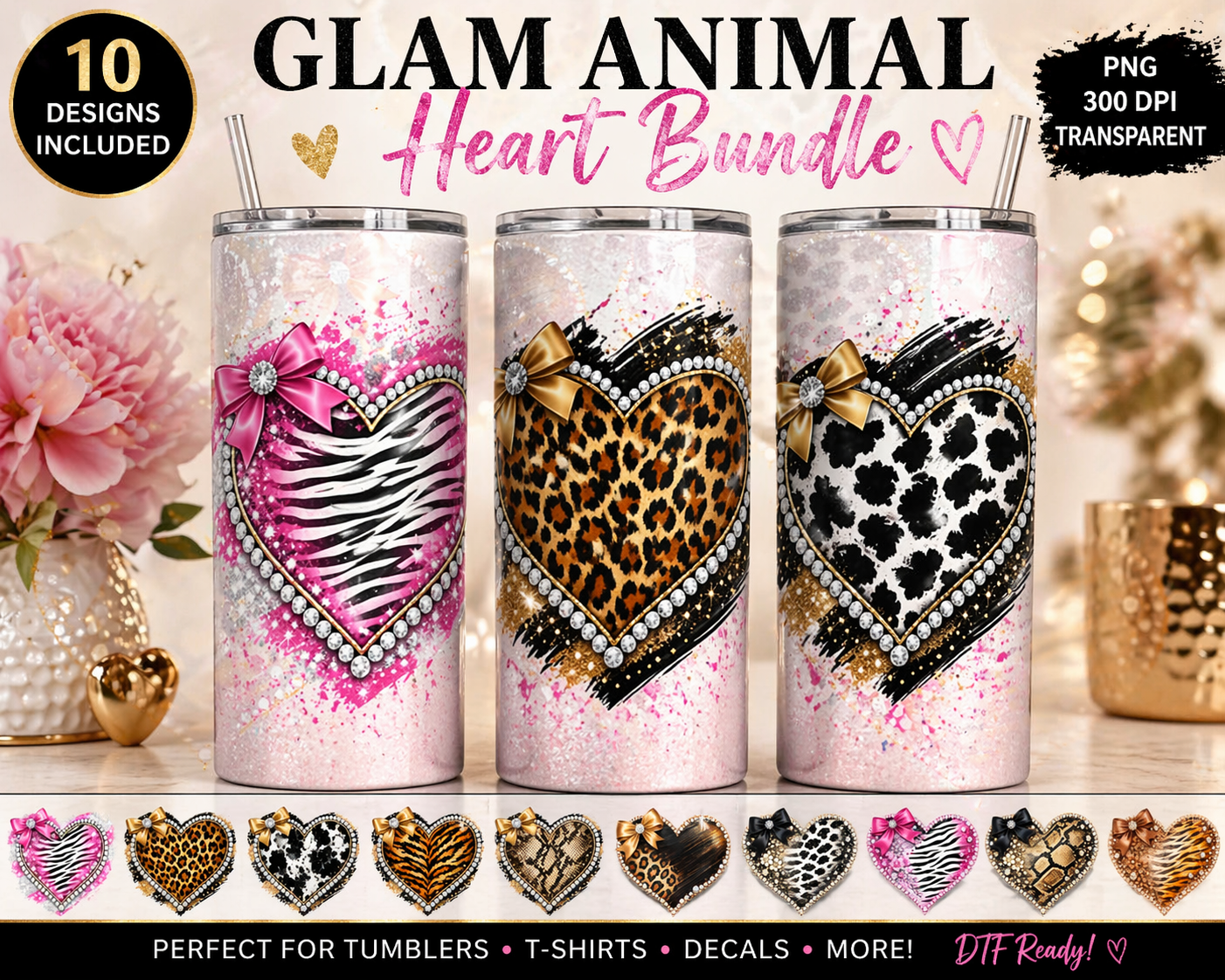 Glam Animal Print Heart Bundle PNG | 10 Designs