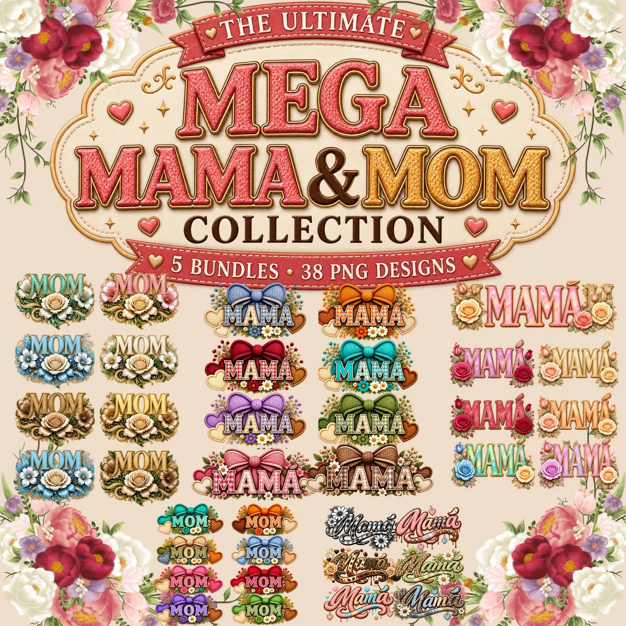 Ultimate Mama & Mom Mega Bundle | 38 PNG Designs | Mother’s Day Sublimation & DTF Designs