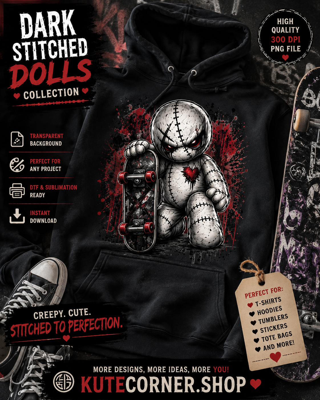Dark Stitched Dolls PNG Bundle | 13 Creepy Horror Doll Designs | Gothic DTF Collection
