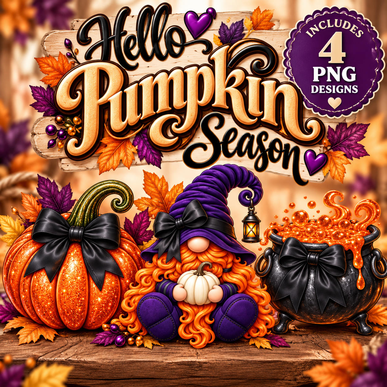 Hello Pumpkin Season Gnome PNG Bundle | 4 Fall Halloween PNG Designs