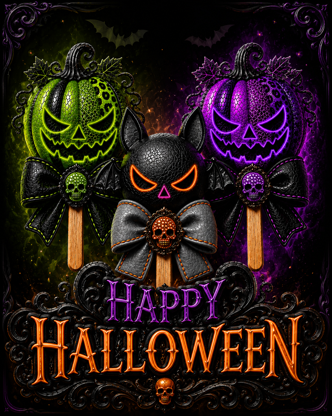 Neon Halloween Pumpkin Pops PNG Design