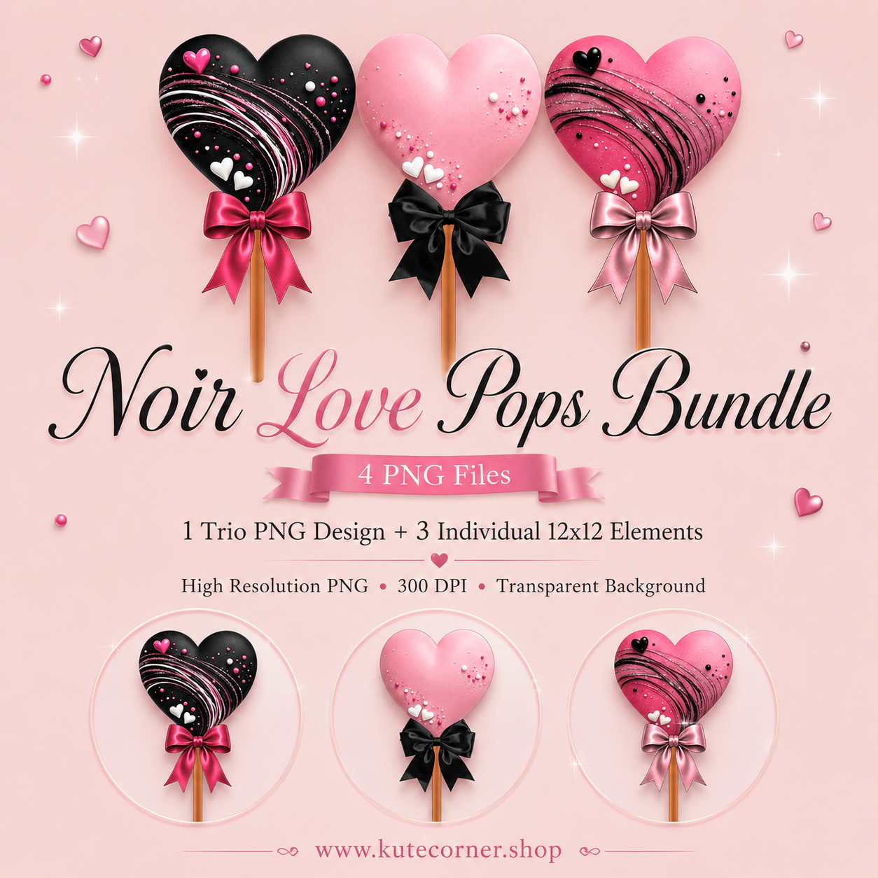 Noir Love Pops Bundle, 4 Heart Lollipops Digital Download,Sublimation PNG, Sticker PNG, Clipart