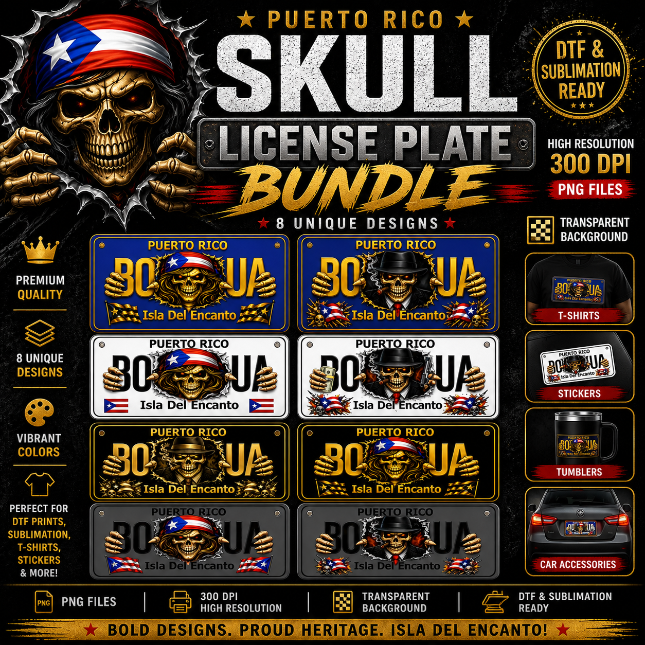 Puerto Rico Skull License Plate PNG Bundle