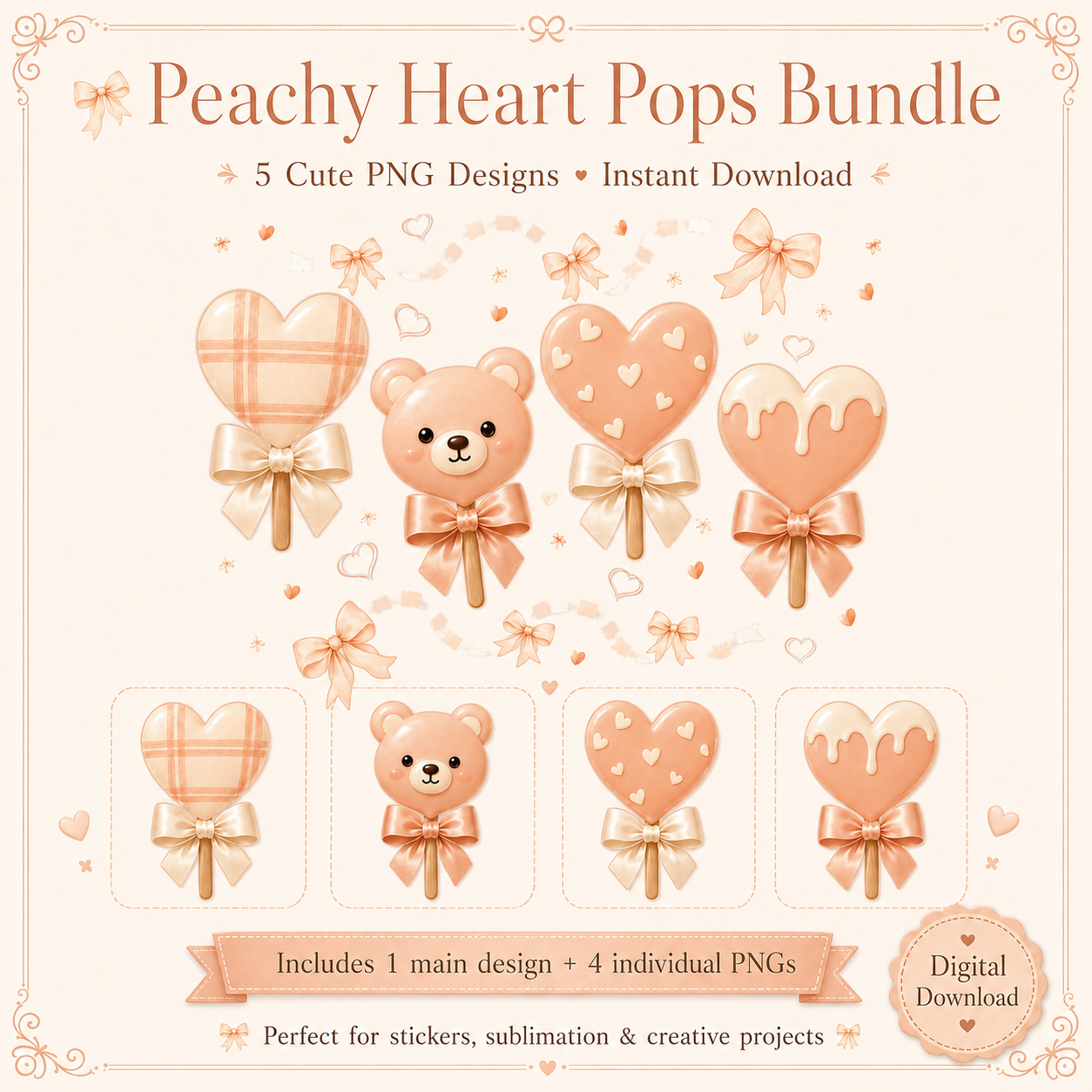 Peachy Heart Pops Bundle, 5 cute PNG Designs, Valentine Digital Download,Sublimation PNG, Sticker PNG, Clipart
