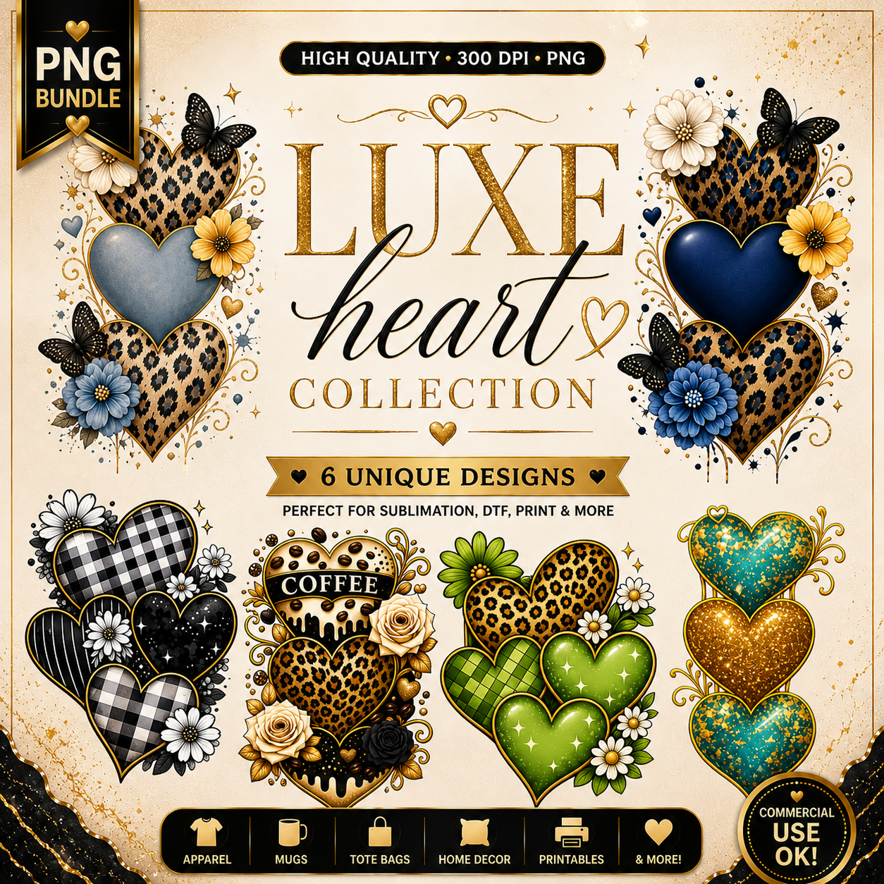 Luxe Heart Collection PNG Bundle | Leopard, Coffee & Glam Heart Designs | DTF & Sublimation Ready