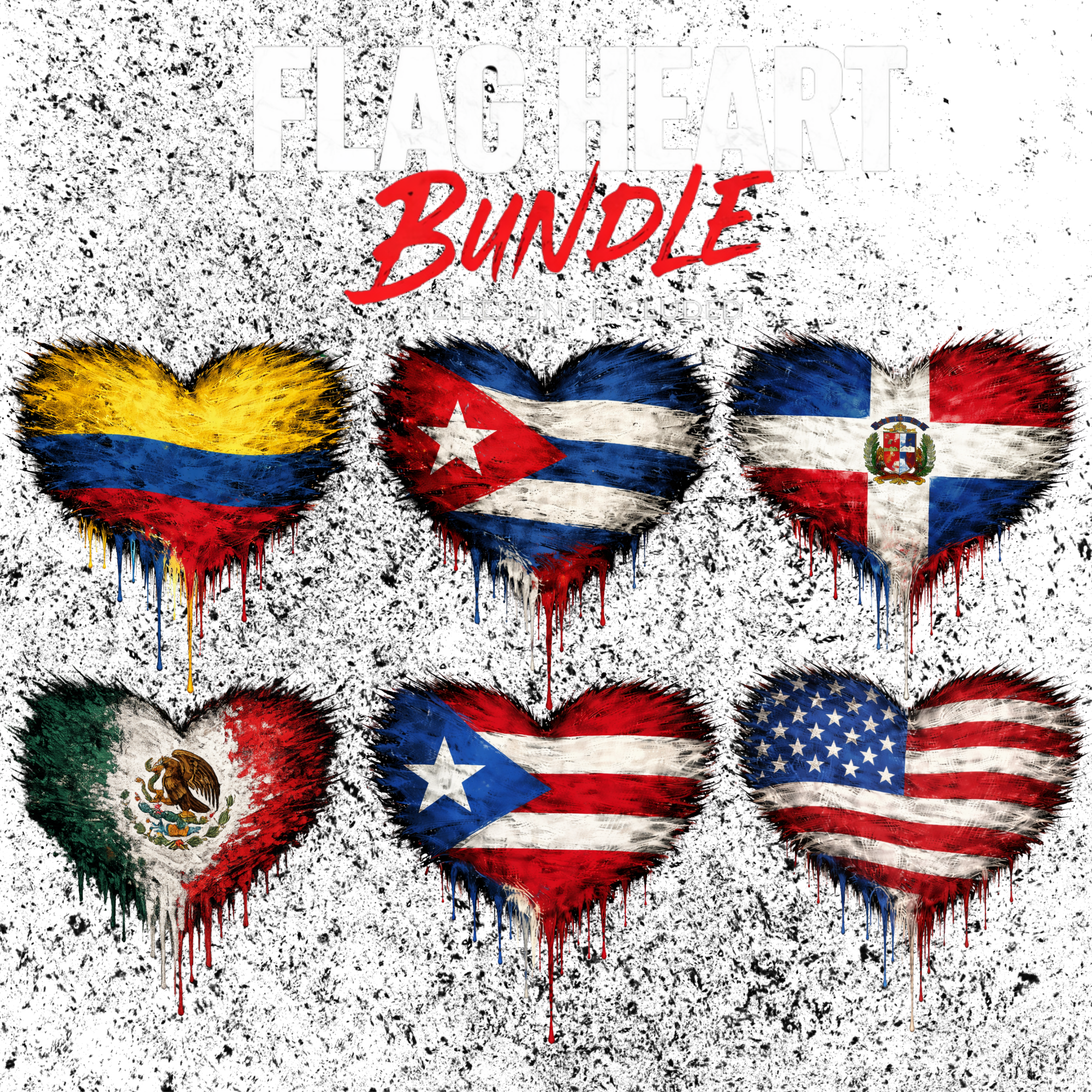 Flag Heart Bundle-6 Graffiti Flag Designs PNG | DTF Ready