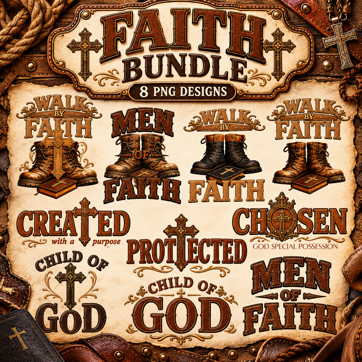 Men of Faith Christian PNG Bundle | 8 Masculine Faith Designs | DTF & Sublimation