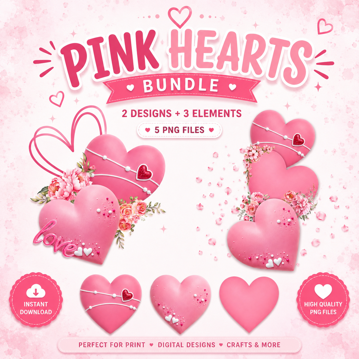 Pink Hearts PNG Bundle | Floral Love Heart Designs | Romantic Valentine PNG | Sublimation & DTF Digital Download