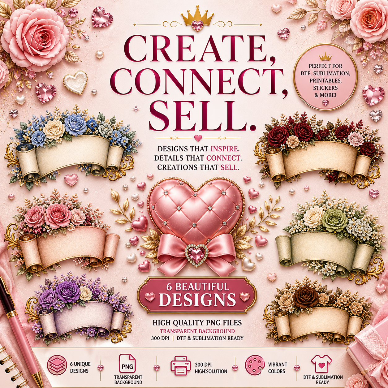Floral Banner Collection PNG | Vintage Ribbon Flowers