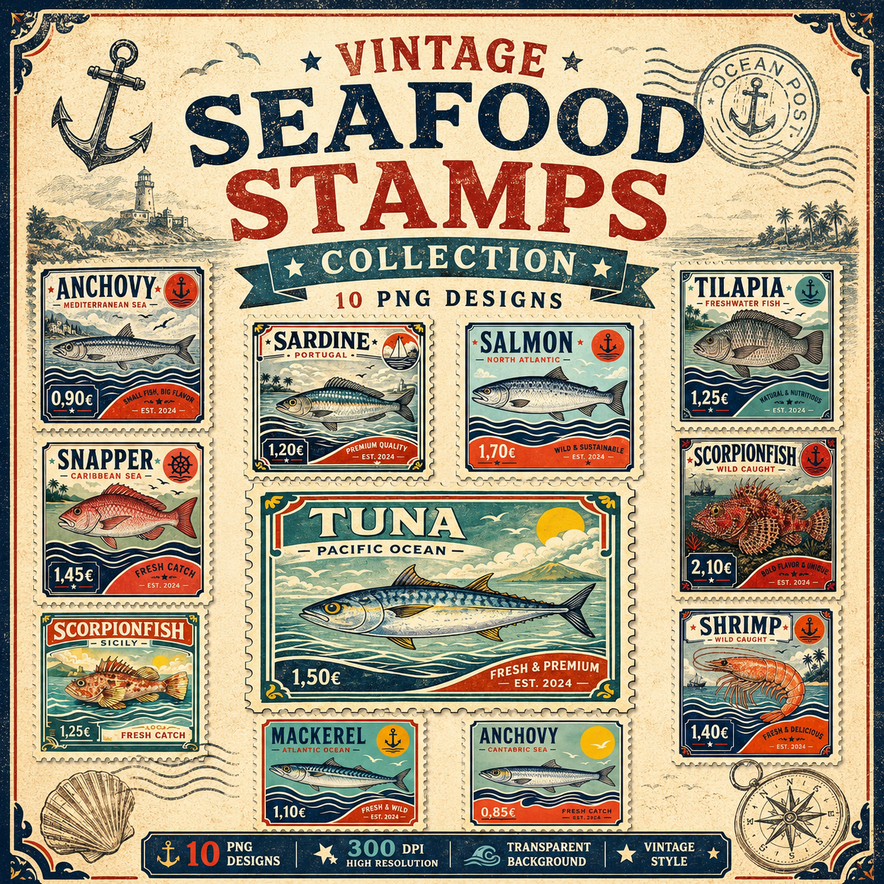 Vintage Seafood Stamps Collection | 10 Coastal Fish Postage Stamp PNG Designs