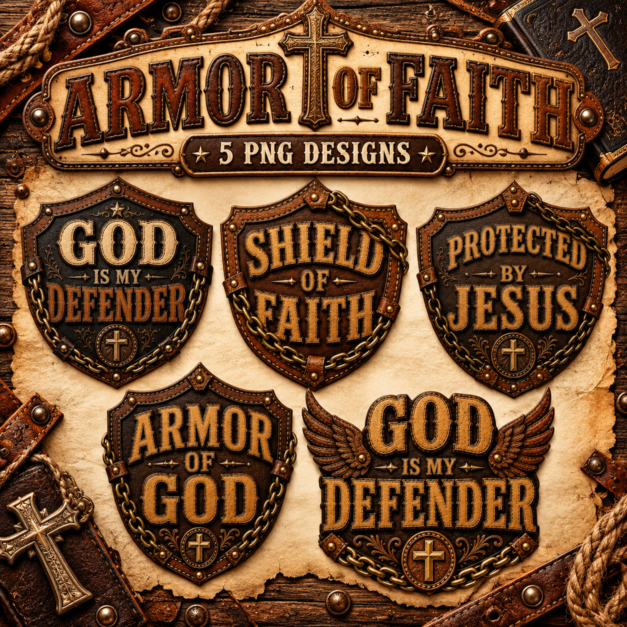Armor of Faith – Christian Shield PNG Bundle 5 PNG Designs