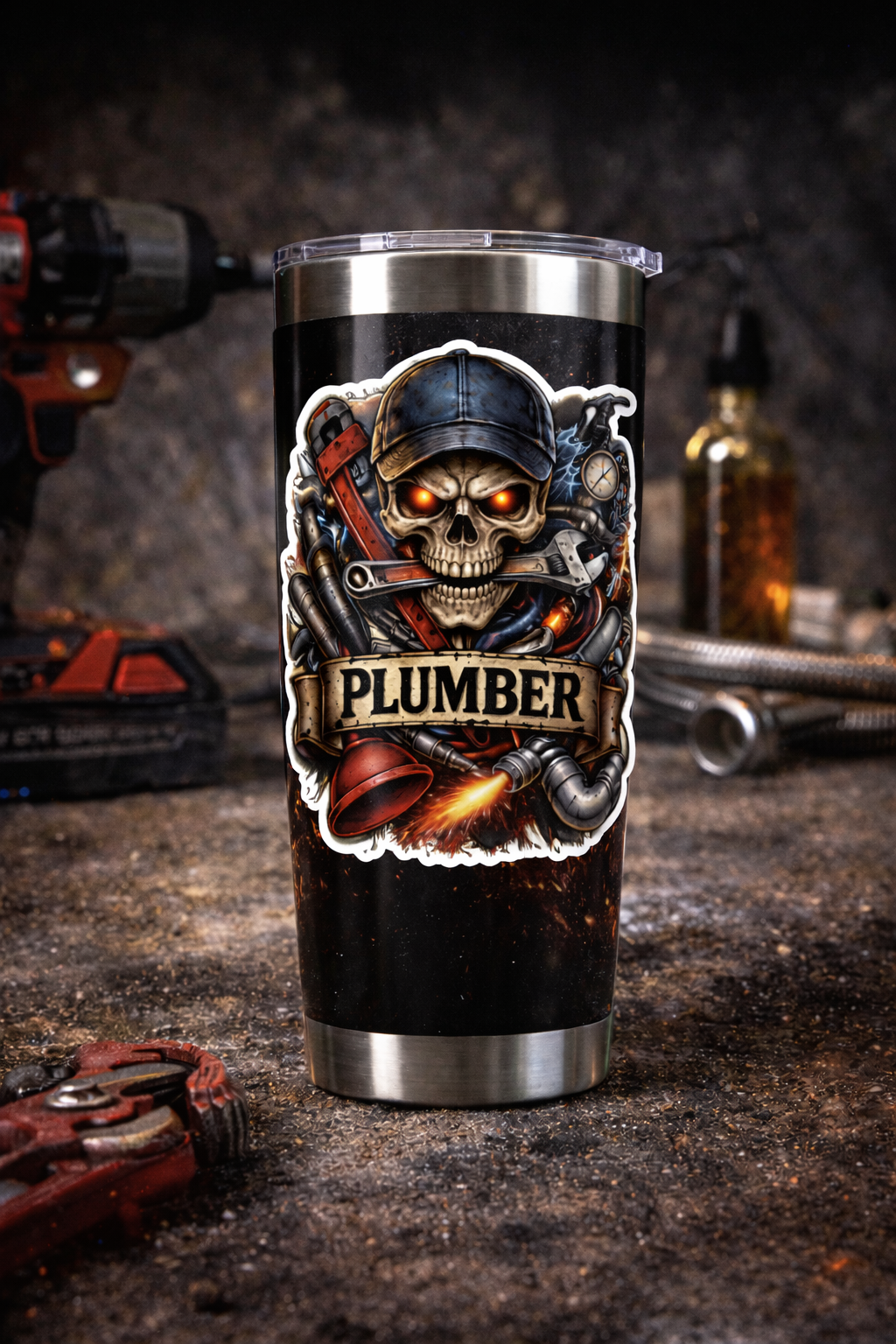 Plumber skull sticker on tumbler.png