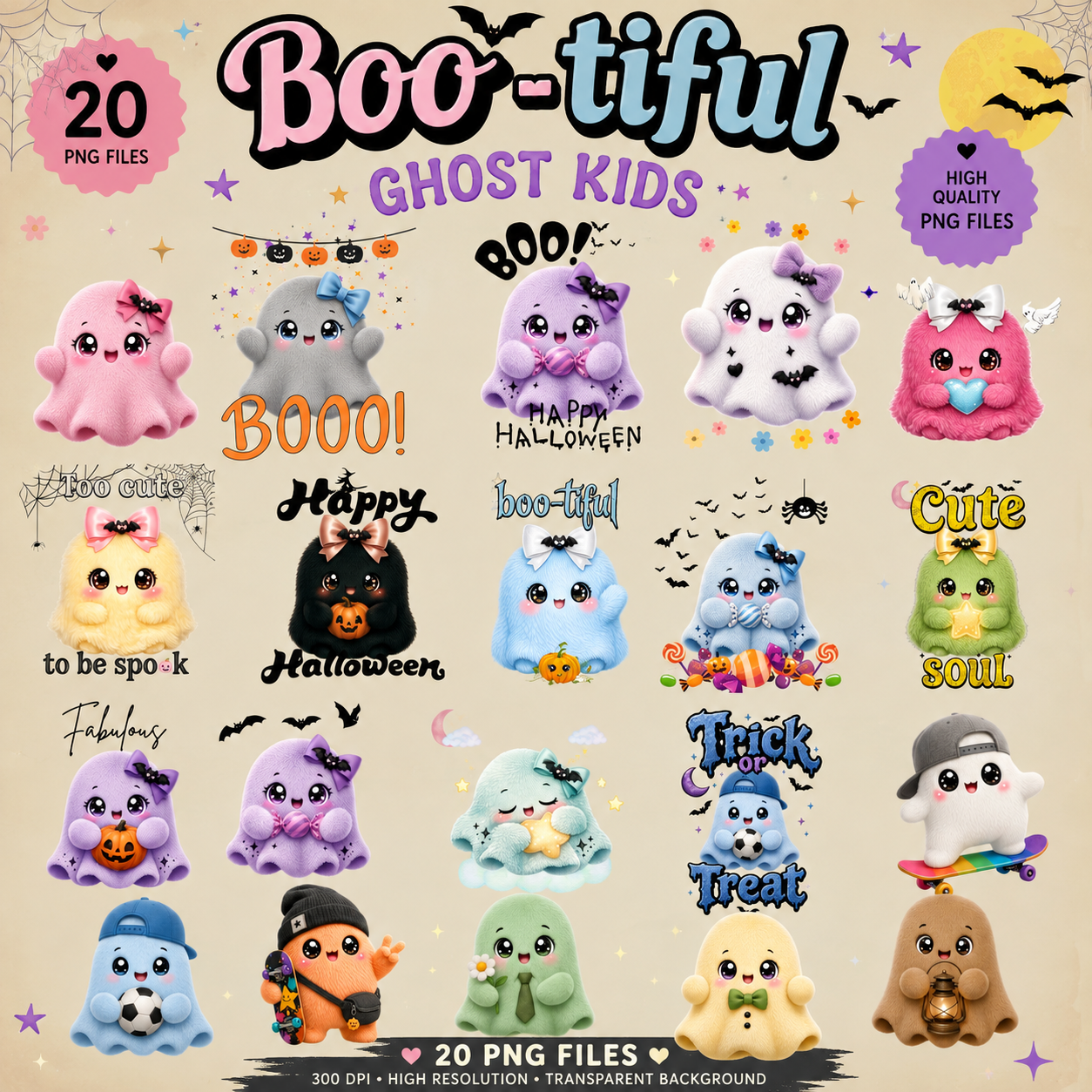 Boo-tiful Ghost Kids Mega Bundle | 20 Cute Halloween PNG Designs